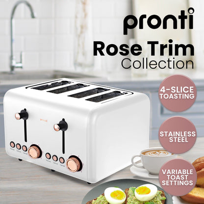 Pronti Breakfast Set with Rose Gold Kettle & Toaster with 1.2L Espresso Machine - White V240-KT-TS-850D-WH