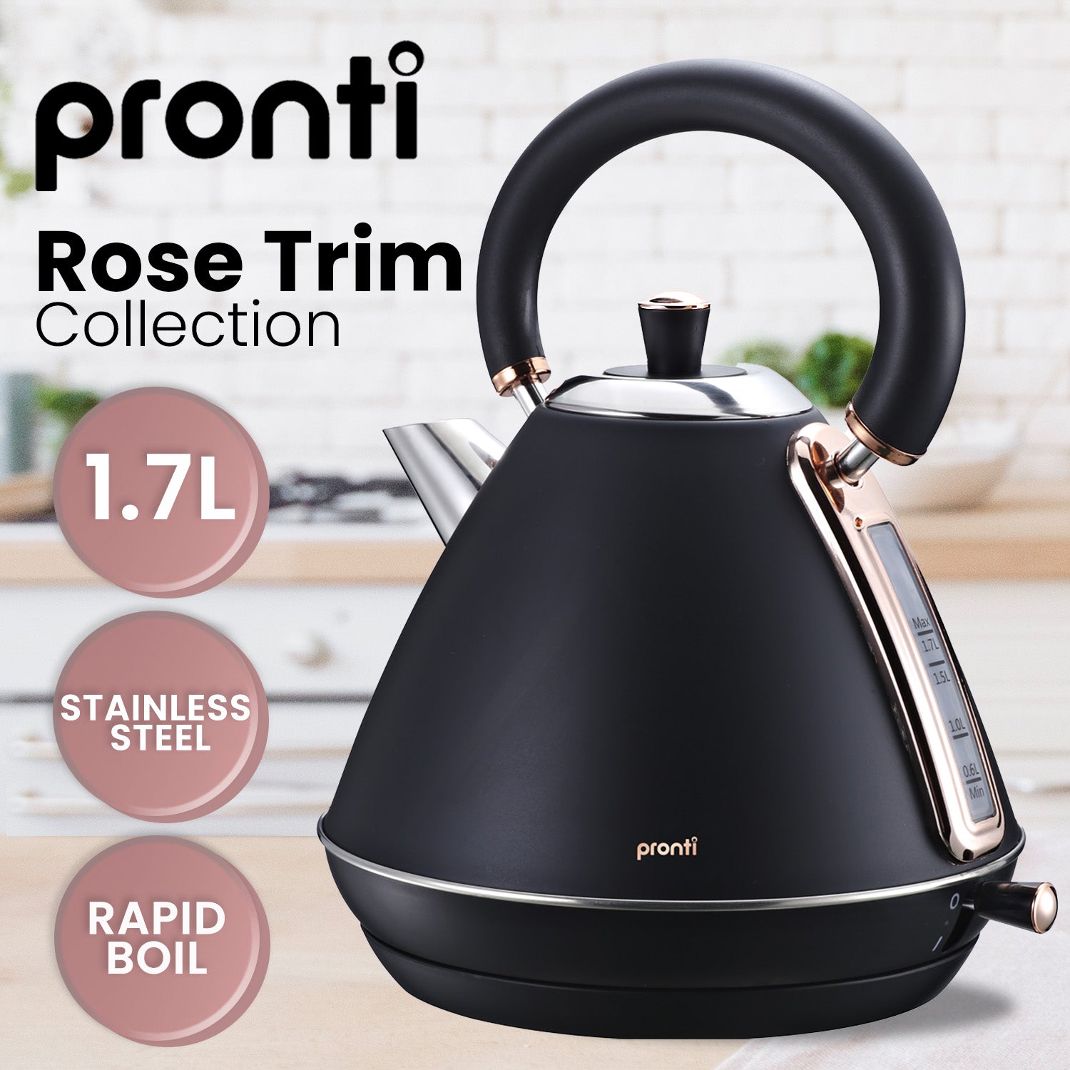 Pronti 1.7L Rose Trim Collection Kettle - Black V240-KTL-017-GST-BK