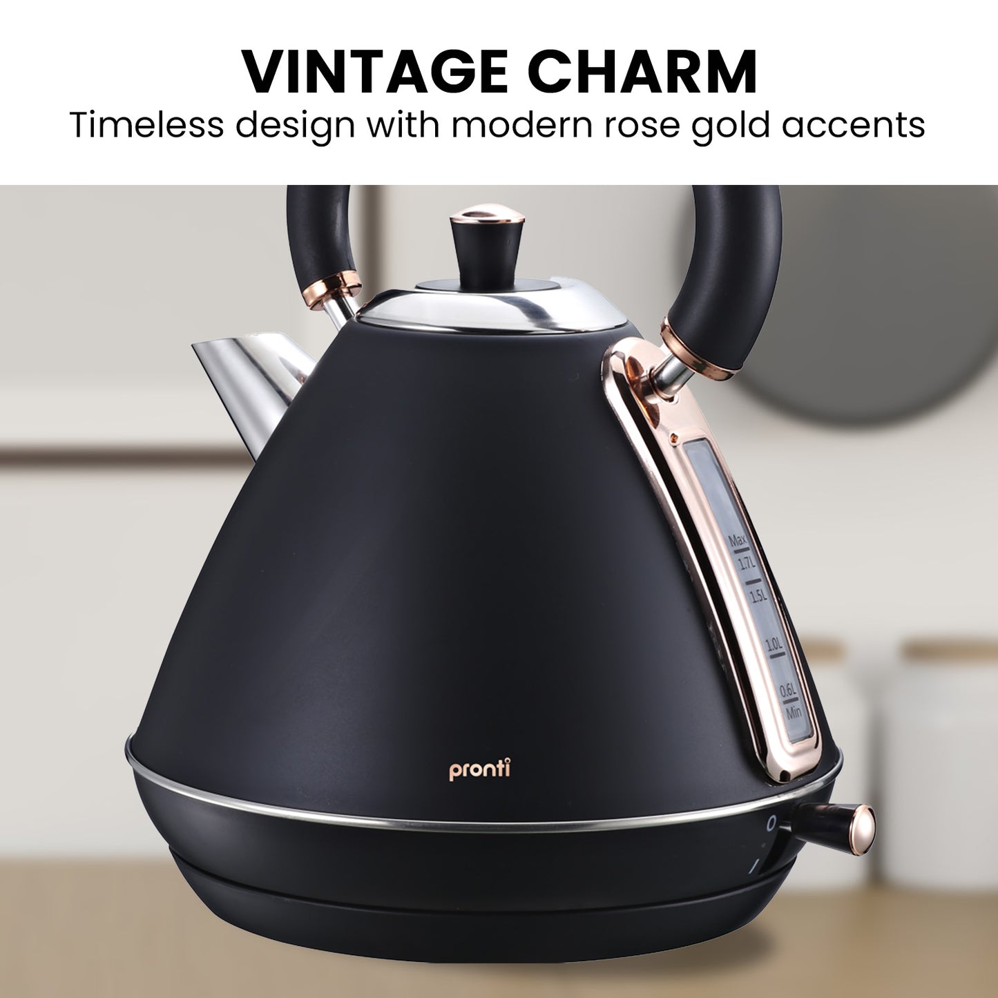 Pronti 1.7L Rose Trim Collection Kettle - Black V240-KTL-017-GST-BK