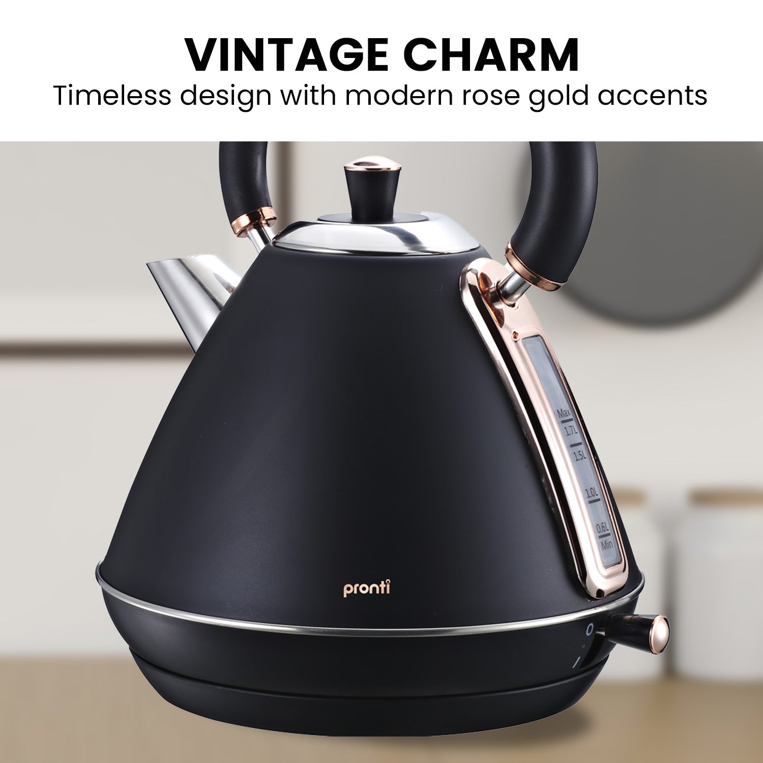 Pronti 1.7L Rose Trim Collection Kettle - Black V240-KTL-017-GST-BK