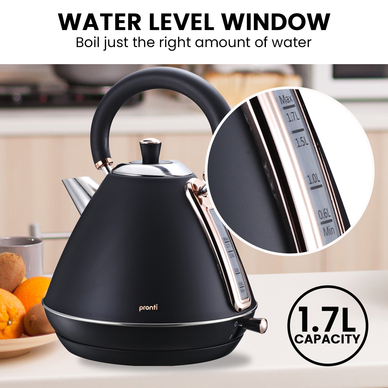 Pronti 1.7L Rose Trim Collection Kettle - Black V240-KTL-017-GST-BK