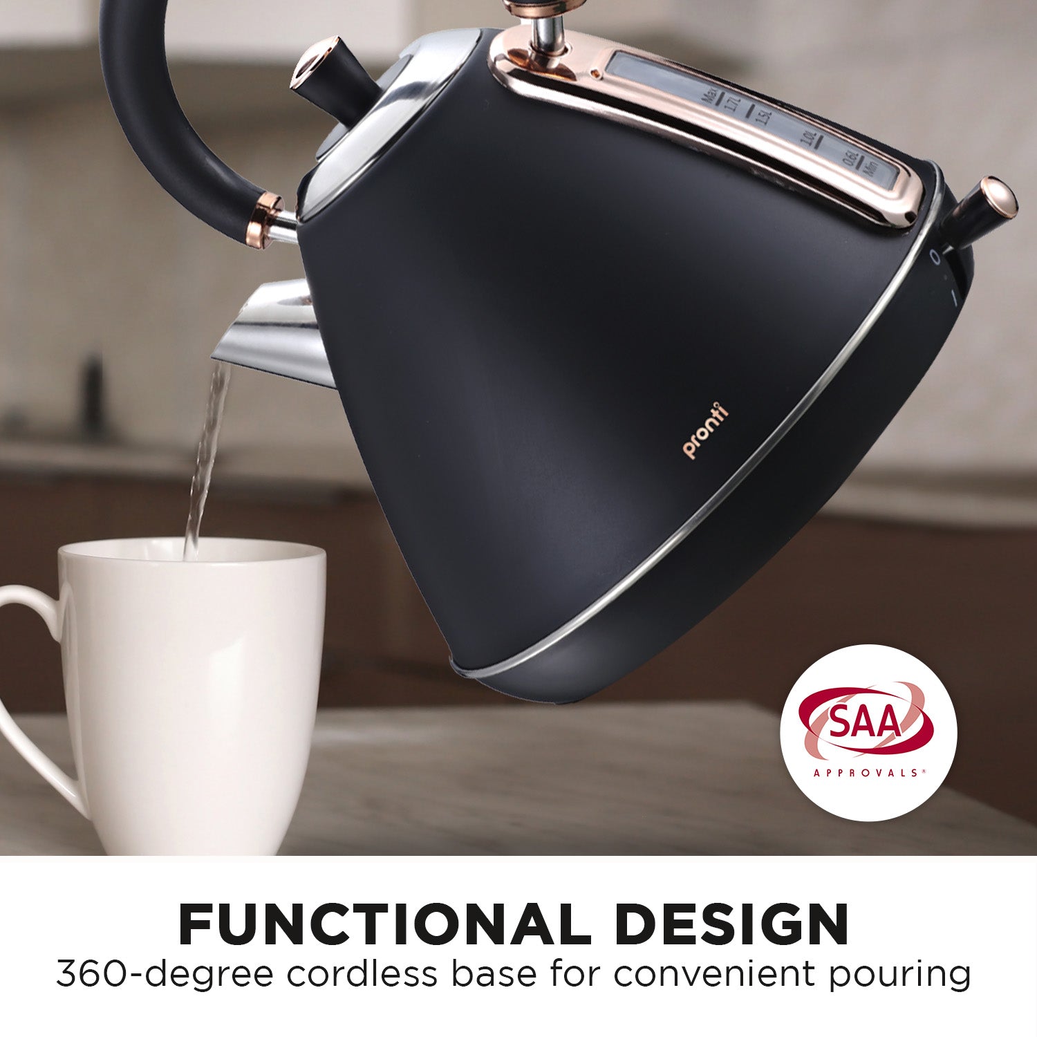Pronti 1.7L Rose Trim Collection Kettle - Black V240-KTL-017-GST-BK