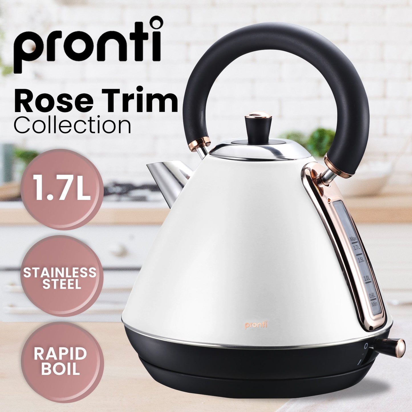 Pronti 1.7l Rose Trim Collection Kettle - White V240-KTL-017-GST-WH