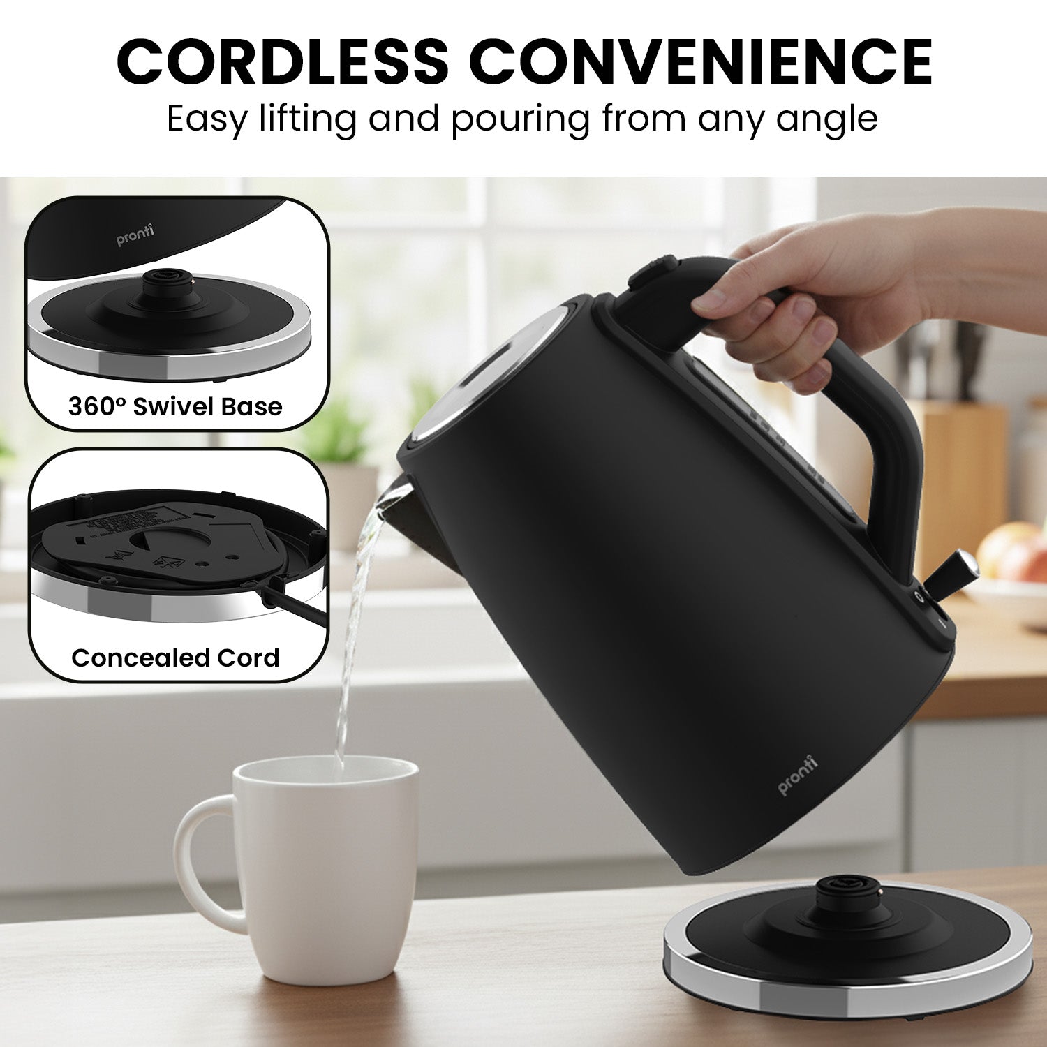 Pronti Silver Noir Collection 1.7L Electric Kettle V240-KTL-1711-GST-BK