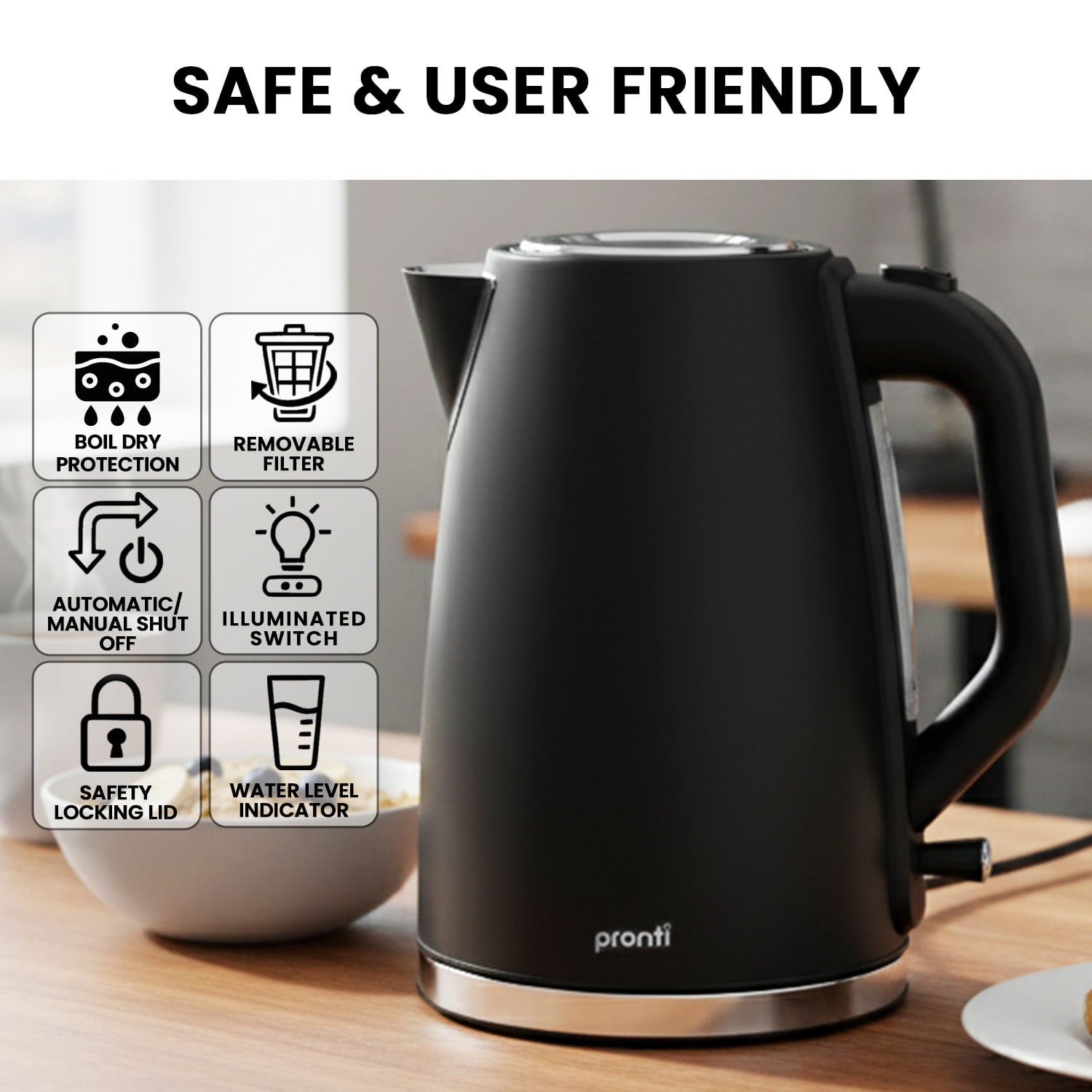 Pronti Silver Noir Collection 1.7L Electric Kettle V240-KTL-1711-GST-BK