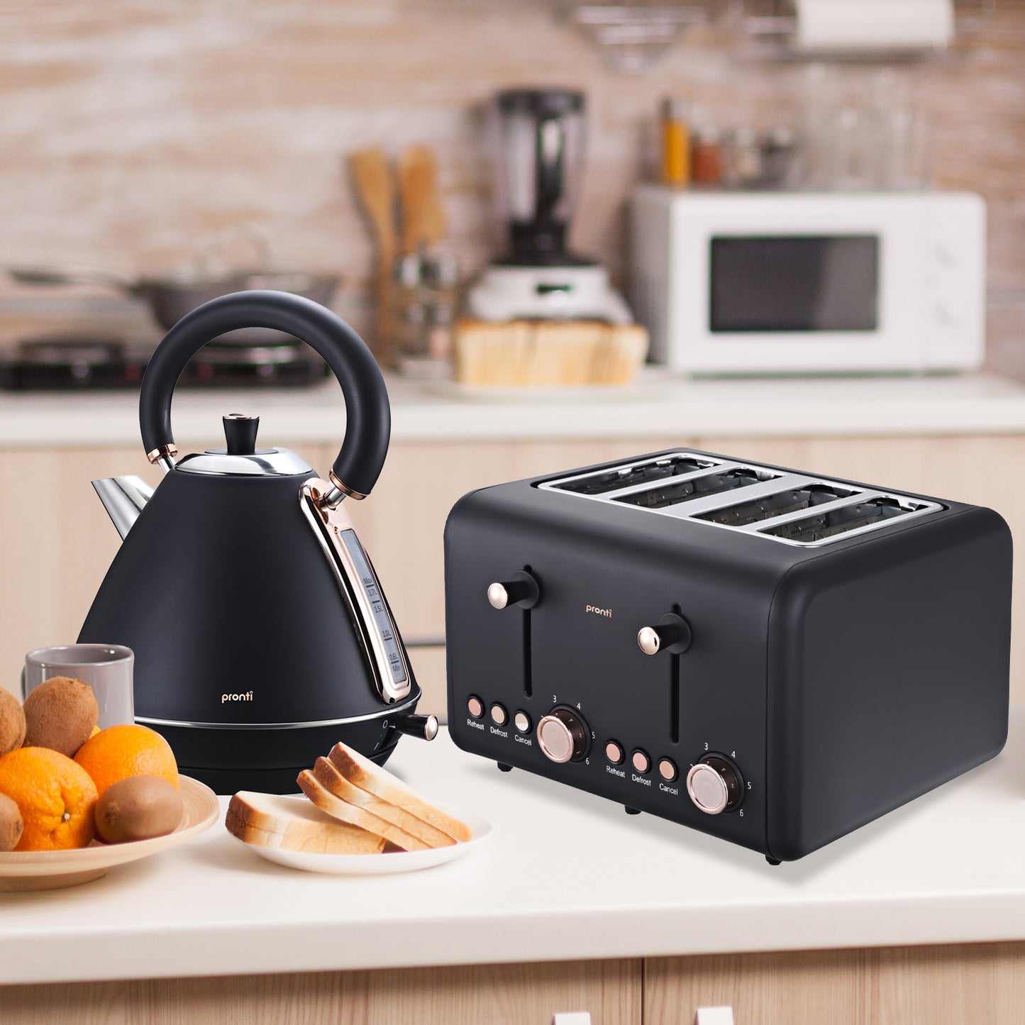 Pronti Rose Trim Collection Toaster & Kettle Bundle - Black V240-KTL-TSR-COM-BK