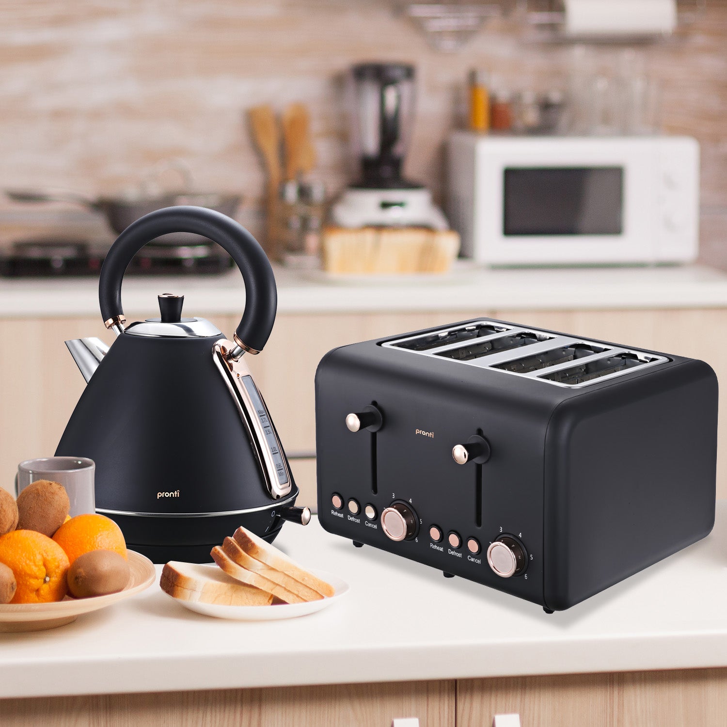 Pronti Rose Trim Collection Toaster & Kettle Bundle - Black V240-KTL-TSR-COM-BK