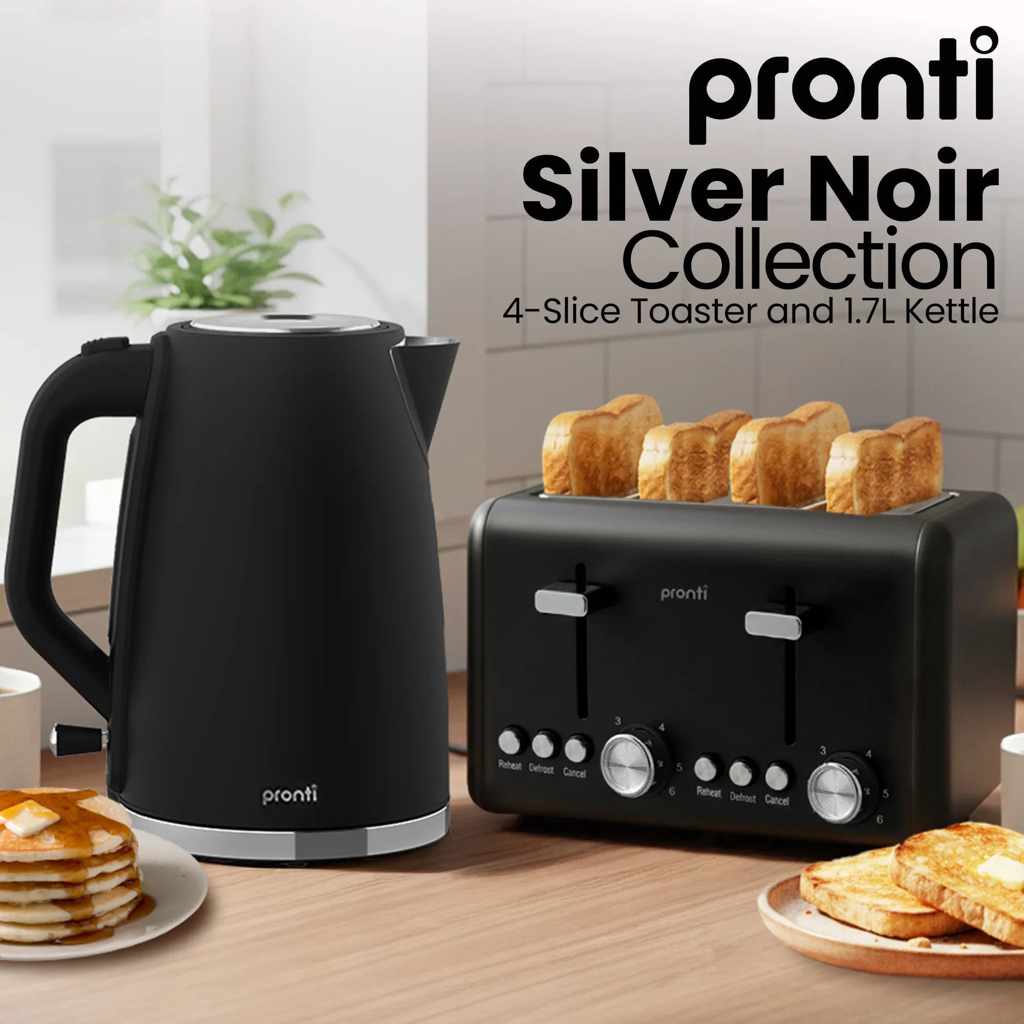 Pronti Silver Noir Collection 4 Slice Toaster and Kettle Bundle V240-KTTS-C02-GST-BK