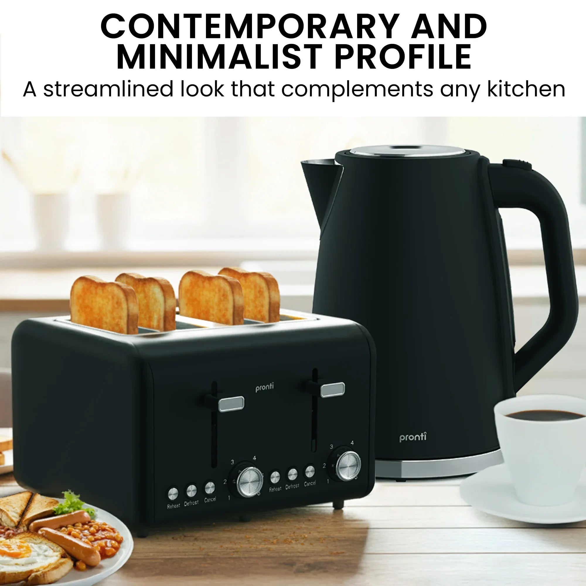 Pronti Silver Noir Collection 4 Slice Toaster and Kettle Bundle V240-KTTS-C02-GST-BK