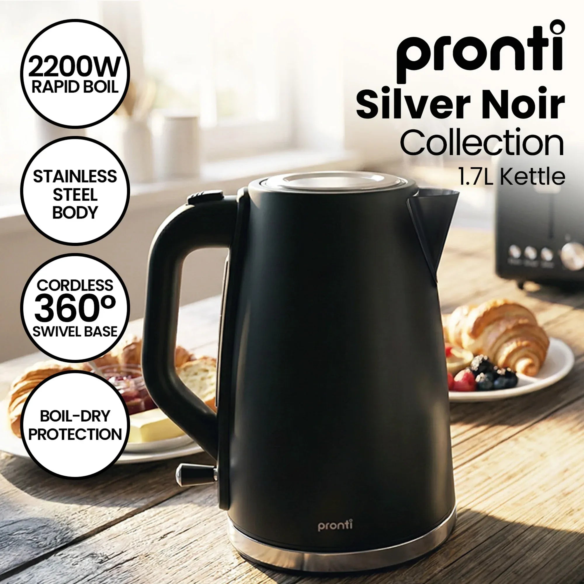 Pronti Silver Noir Collection 4 Slice Toaster and Kettle Bundle V240-KTTS-C02-GST-BK