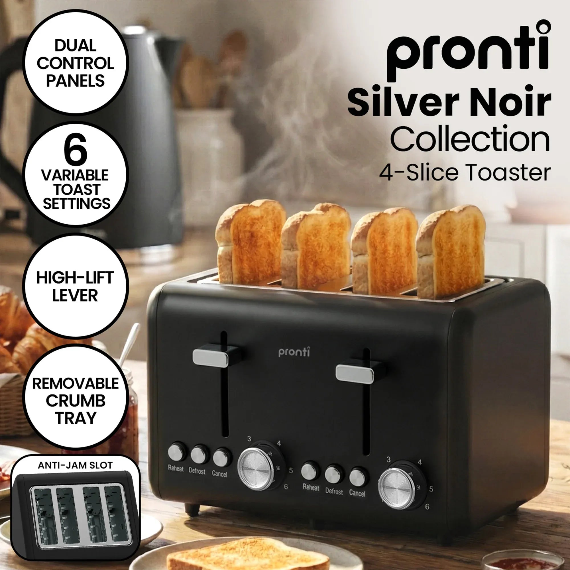 Pronti Silver Noir Collection 4 Slice Toaster and Kettle Bundle V240-KTTS-C02-GST-BK