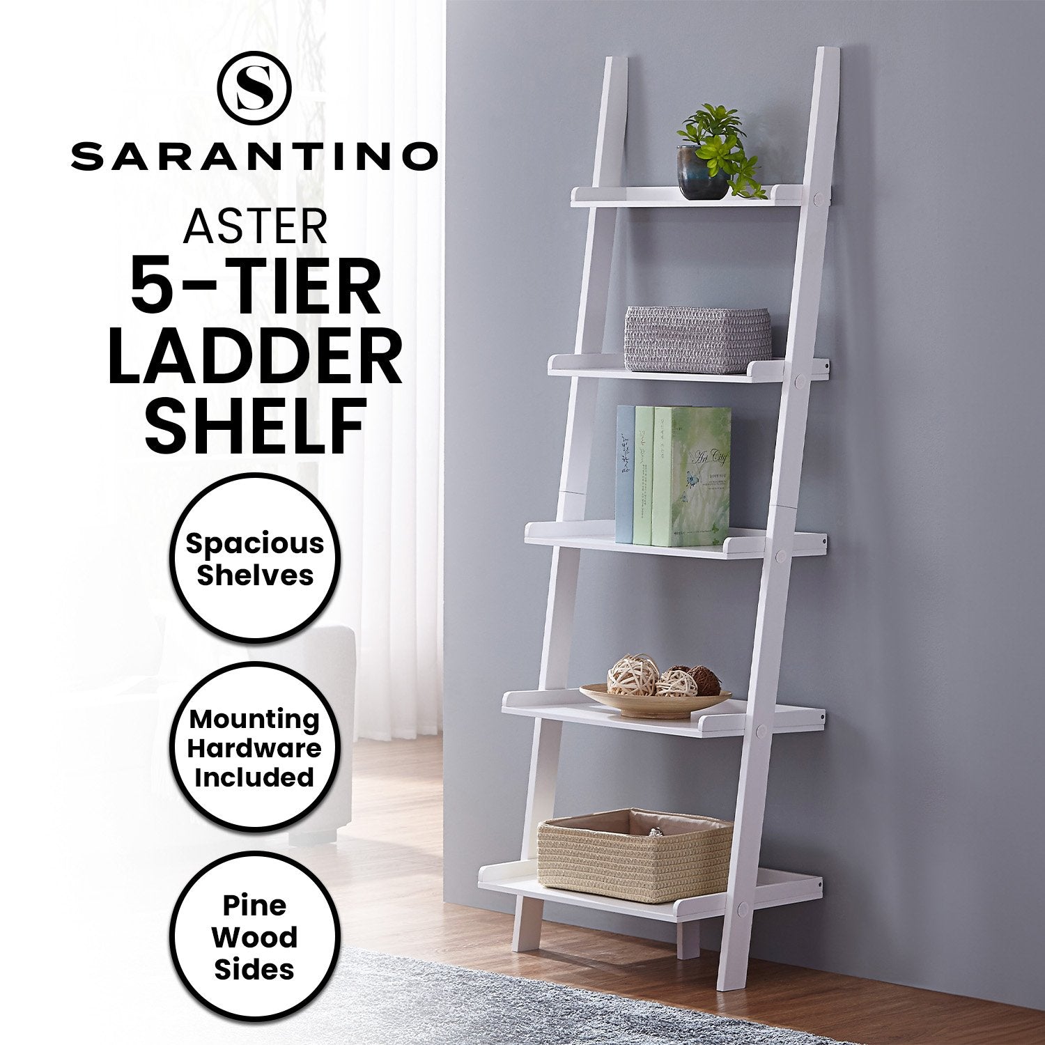 Sarantino Aster 5-Tier Ladder Shelf in White V240-LDS-107-17-WH