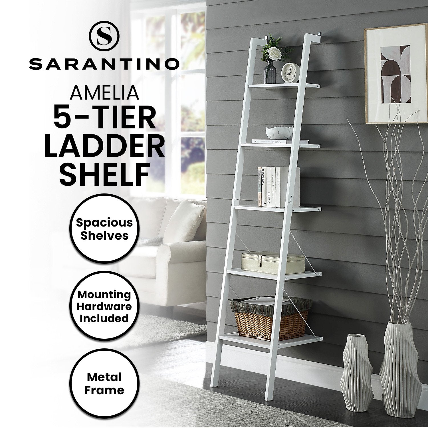 Sarantino Amelia 5-Tier Ladder Shelf in White V240-LDS-109-04-WH