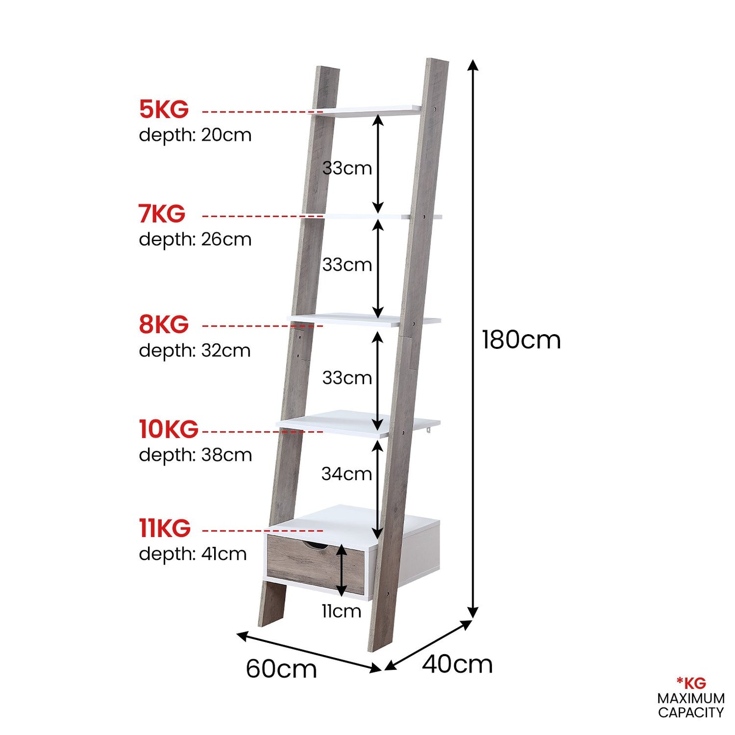 Sarantino Mira 5-tier Ladder Shelf In White And Grey Oak V240-LDS-120-06-WHOK