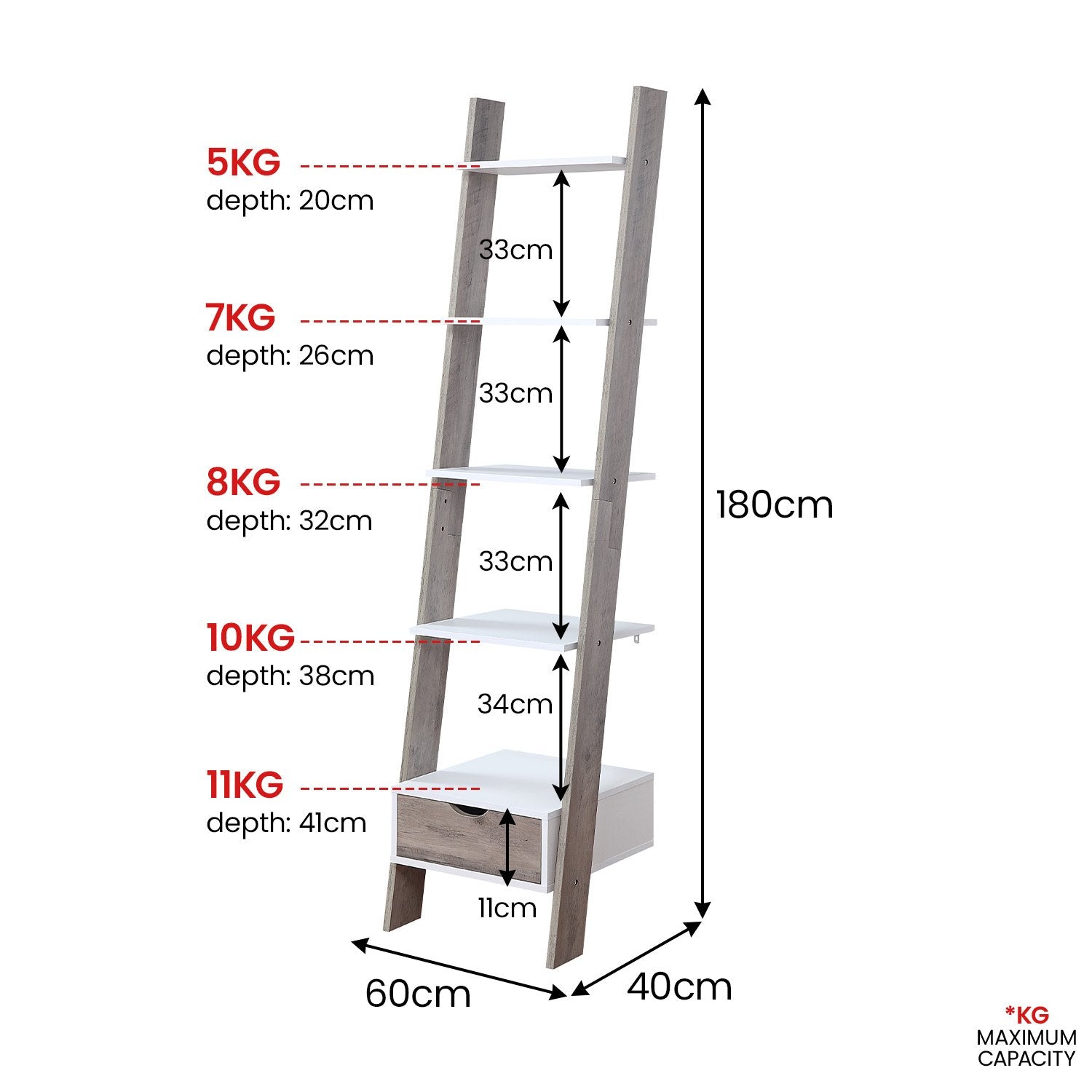 Sarantino Mira 5-tier Ladder Shelf In White And Grey Oak V240-LDS-120-06-WHOK