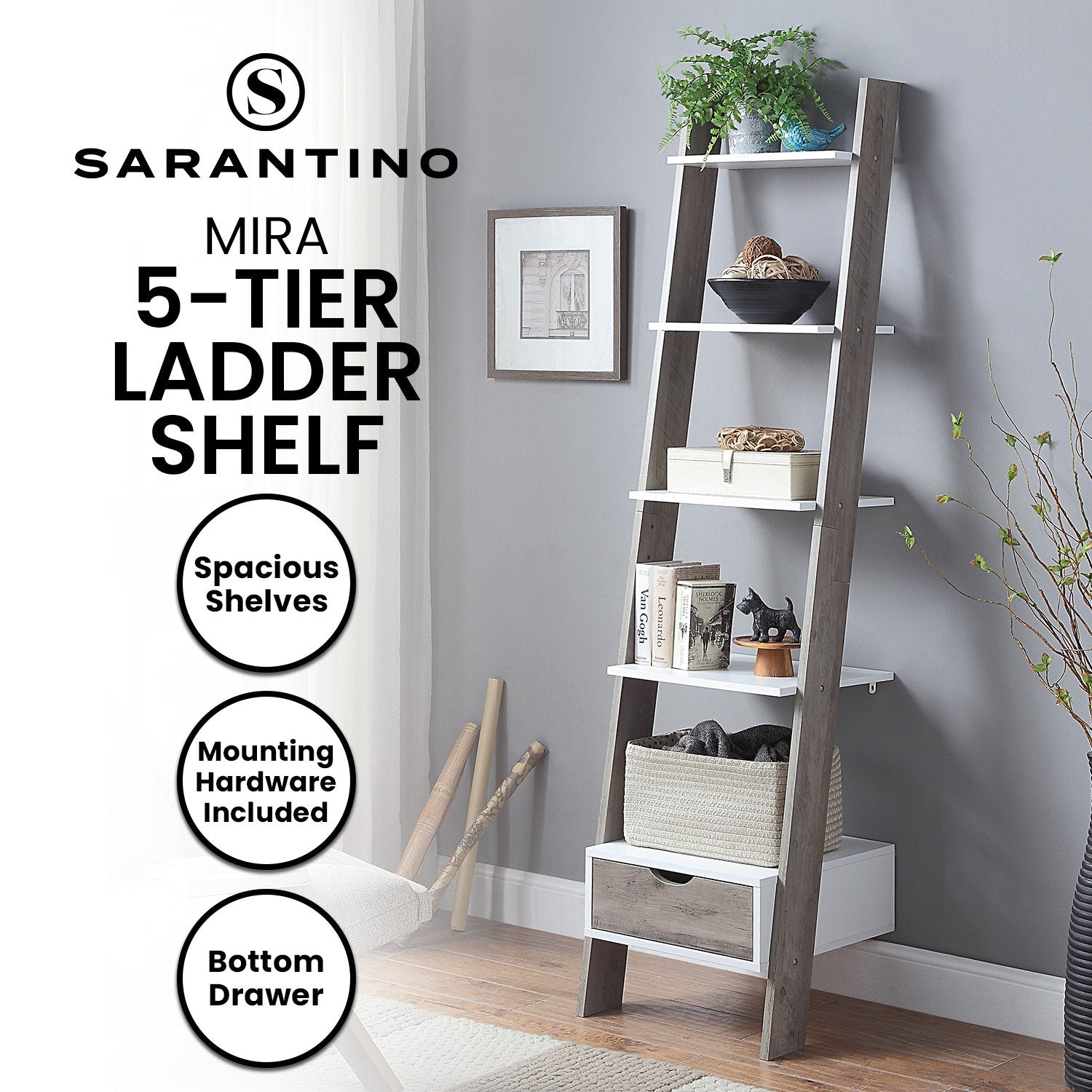 Sarantino Mira 5-tier Ladder Shelf In White And Grey Oak V240-LDS-120-06-WHOK