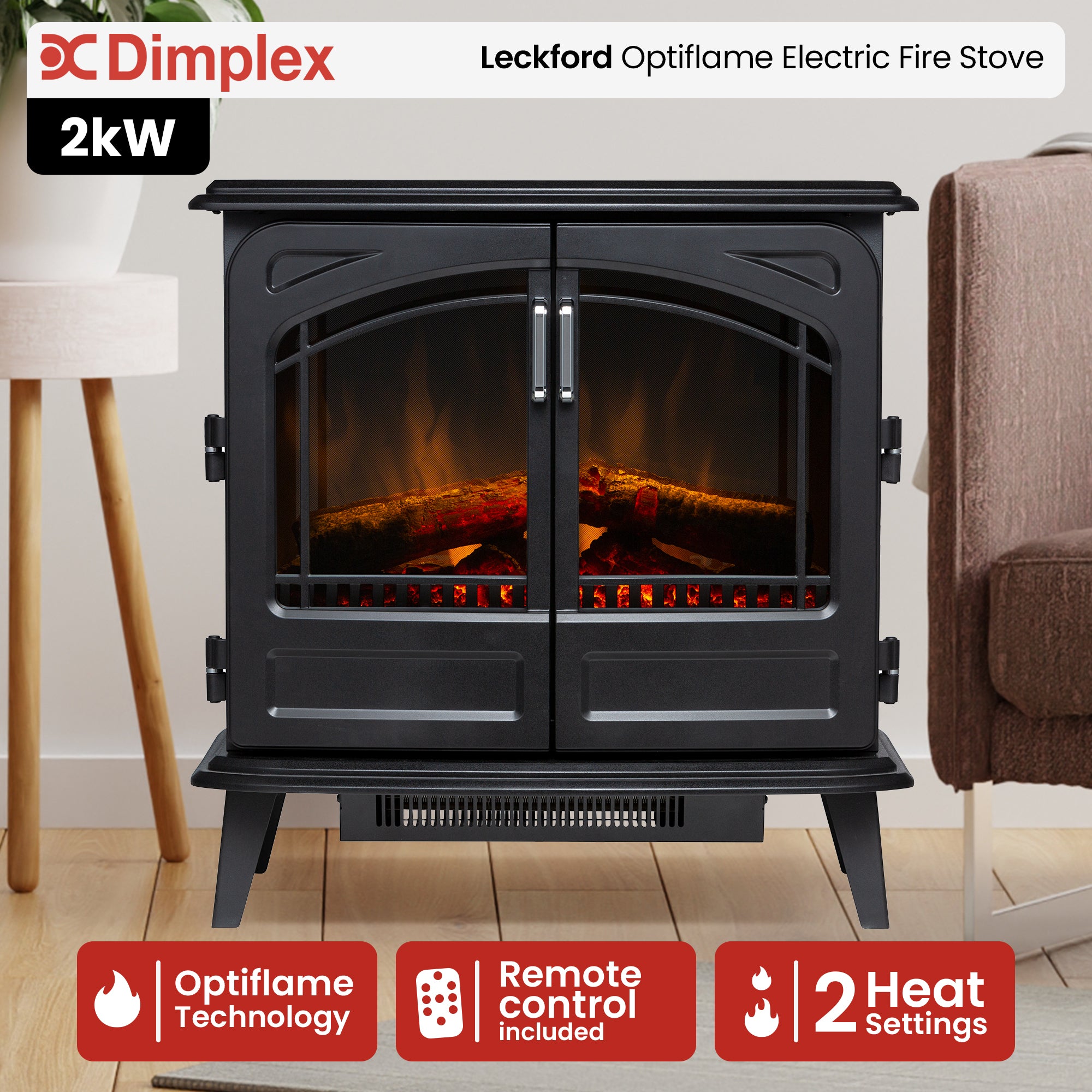 Dimplex Leckford Optiflame Electric Fire Stove - 2kW V240-LKD20-AU