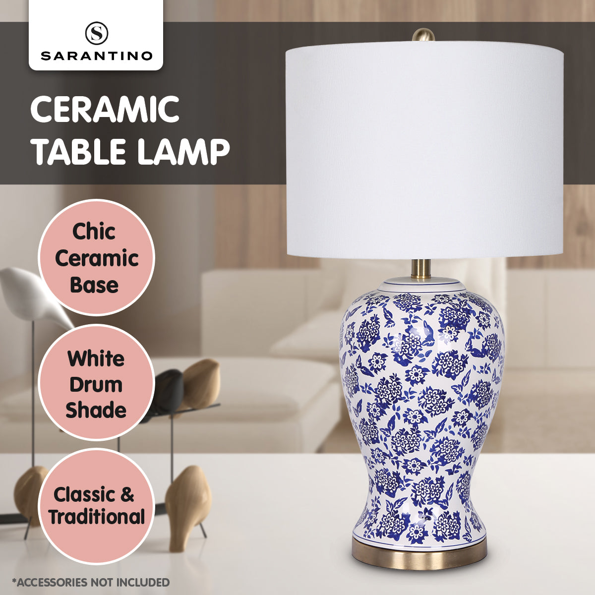 Sarantino Table Lamp Ceramic Floral Base Cotton Drum Shade V240-LMP-MLM-260