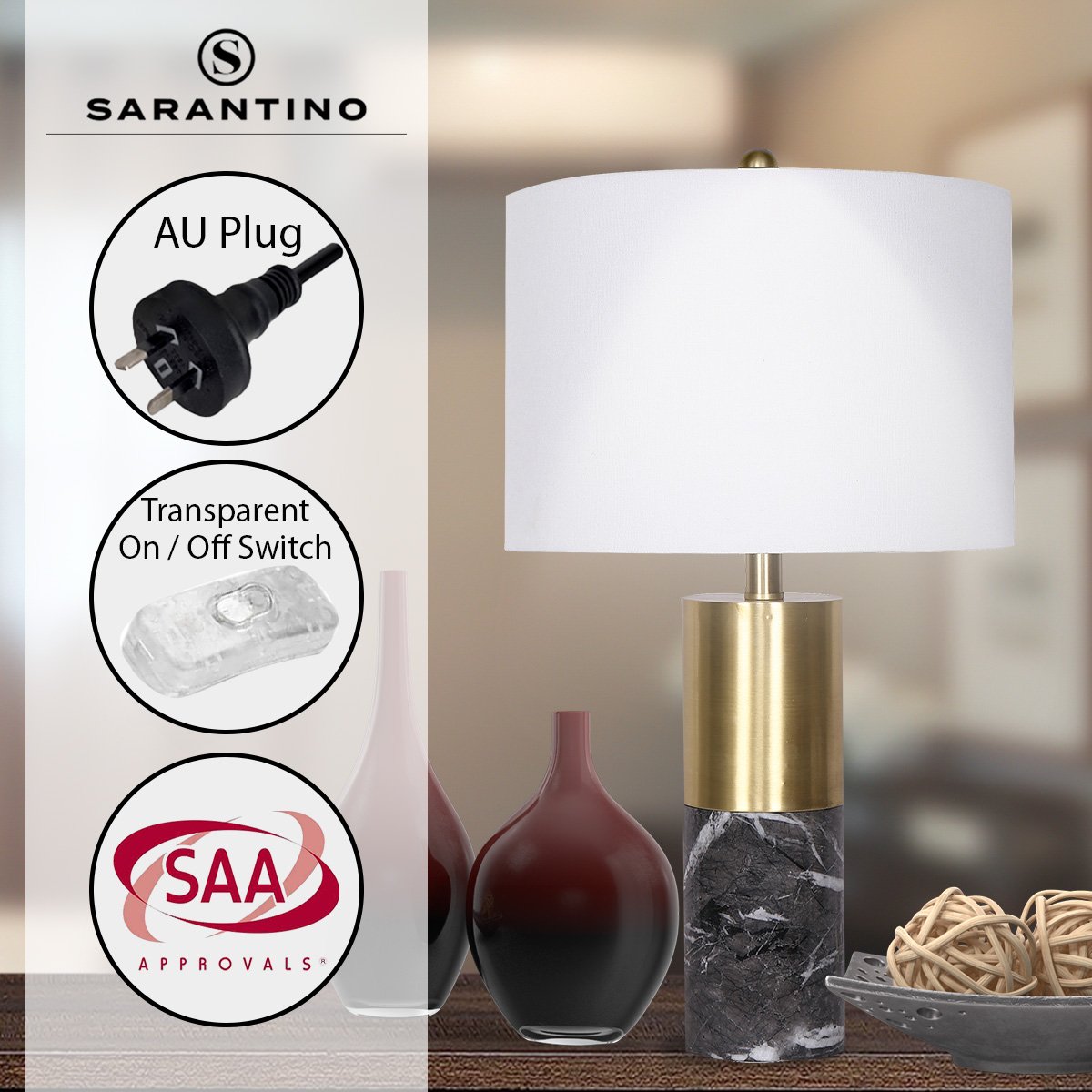 Sarantino Metal and Marble Table Lamp in Black V240-LMP-MLM-4550-BK