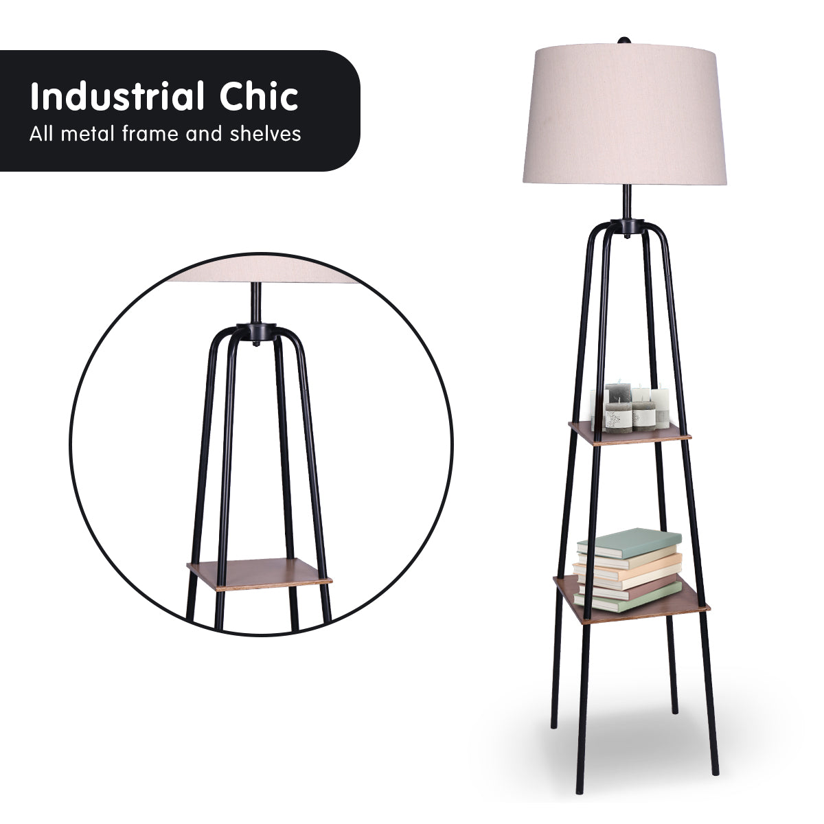 Sarantino Metal Etagere Floor Lamp Shade Metal Shelf in Wood Finish V240-LMP-MLM-523