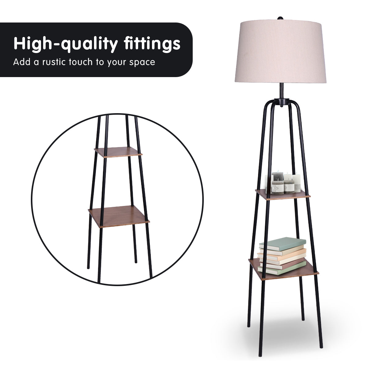 Sarantino Metal Etagere Floor Lamp Shade Metal Shelf in Wood Finish V240-LMP-MLM-523