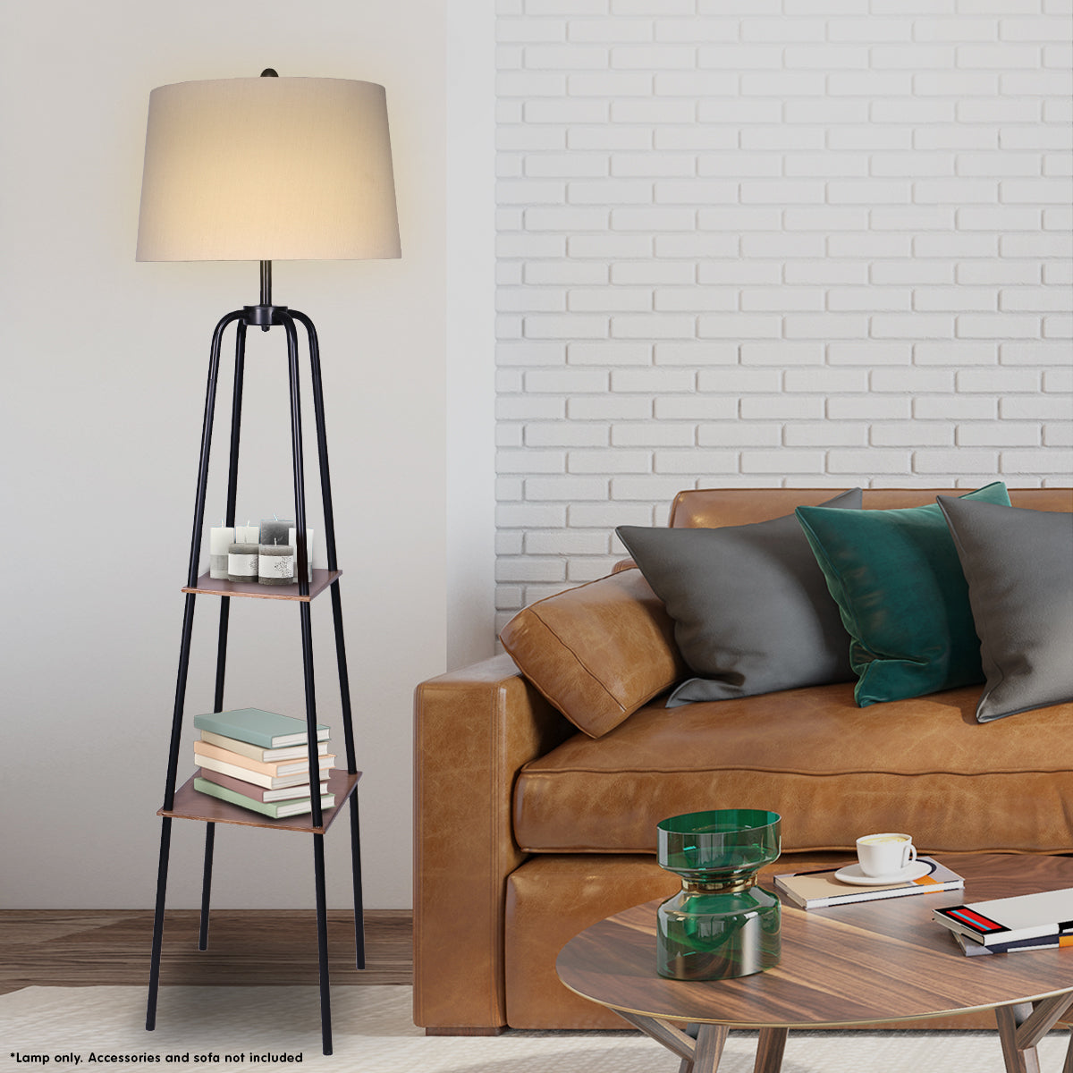 Sarantino Metal Etagere Floor Lamp Shade Metal Shelf in Wood Finish V240-LMP-MLM-523