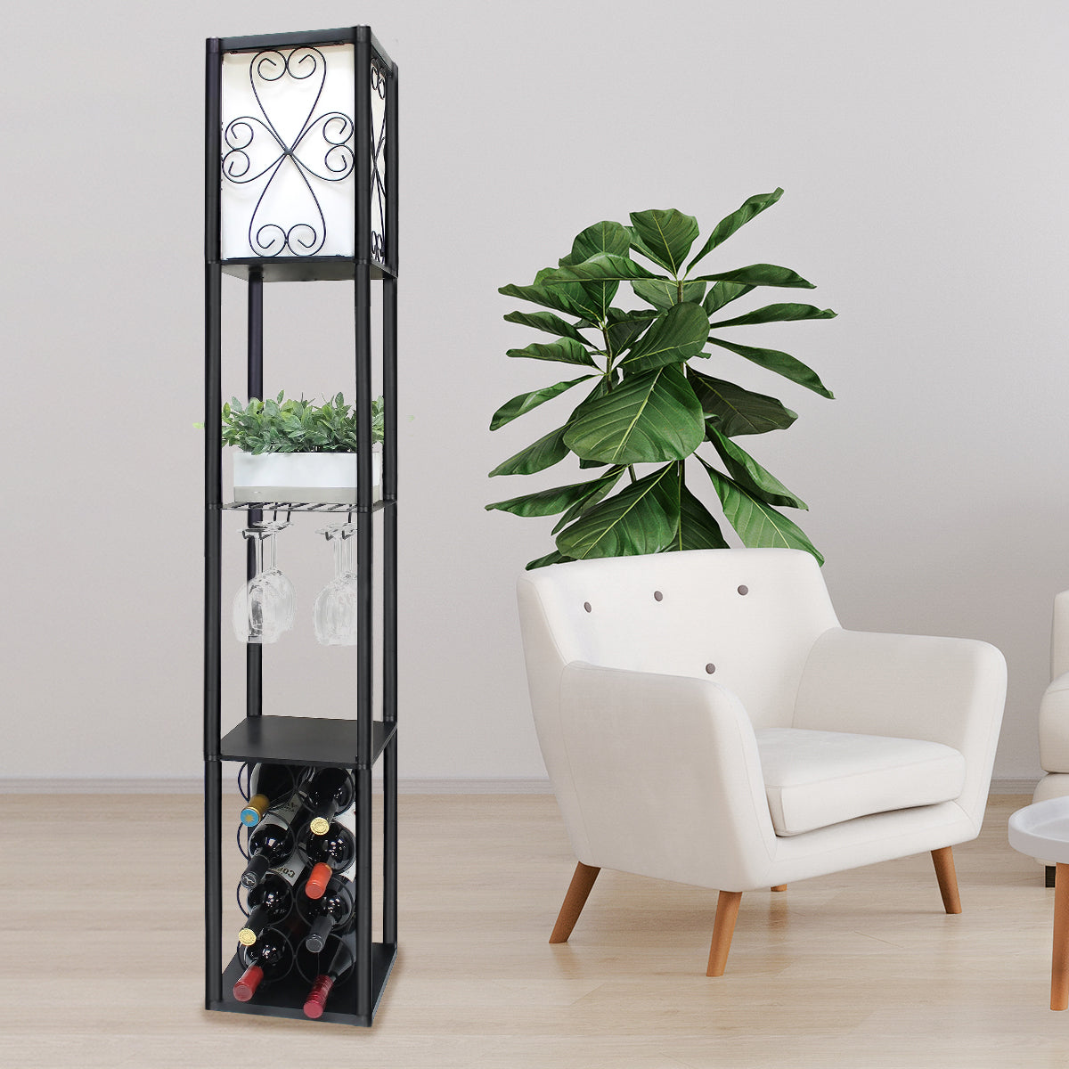 Sarantino Metal Etagere Floor Lamp with Wine Holder Shelf V240-LMP-MLM-621