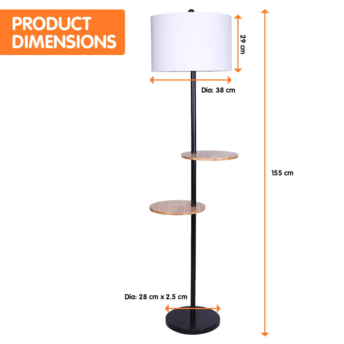 Sarantino Metal Floor Lamp Shade with Black Post in Round Wood Shelves V240-LMP-MLM-626