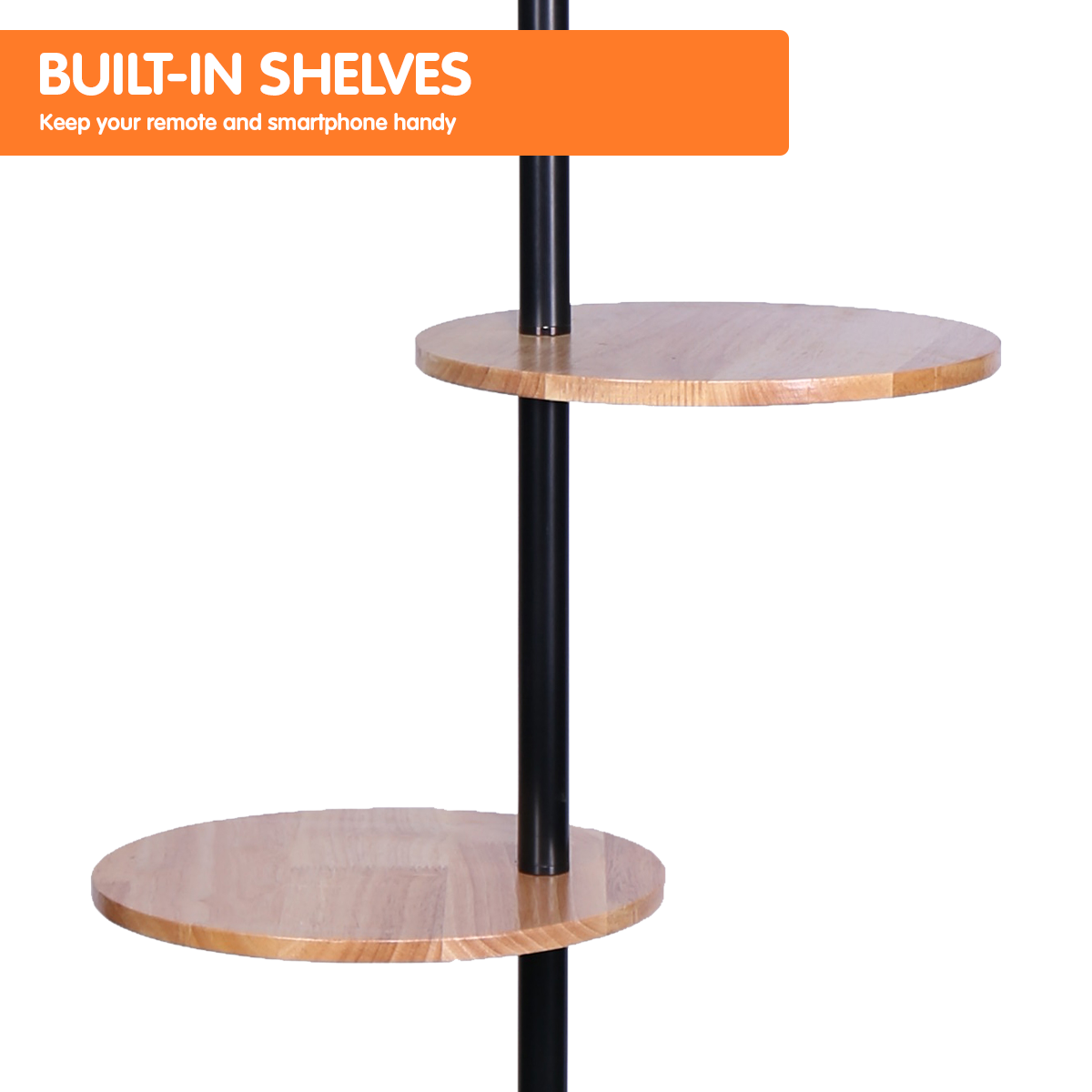 Sarantino Metal Floor Lamp Shade with Black Post in Round Wood Shelves V240-LMP-MLM-626
