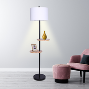 Sarantino Metal Floor Lamp Shade with Black Post in Round Wood Shelves V240-LMP-MLM-626