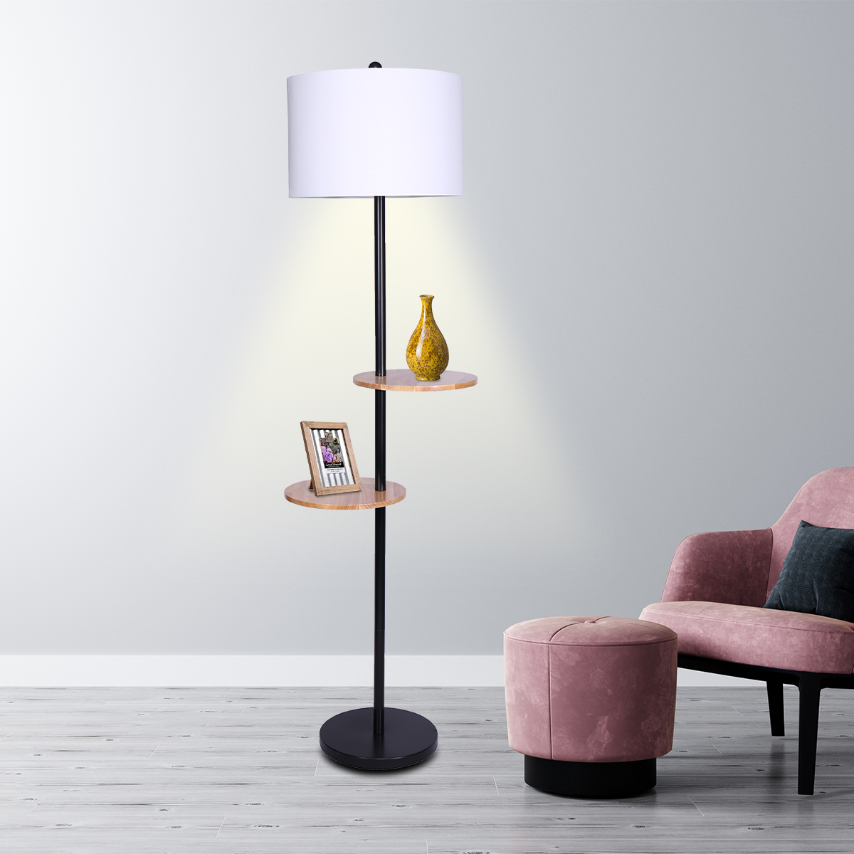 Sarantino Metal Floor Lamp Shade with Black Post in Round Wood Shelves V240-LMP-MLM-626