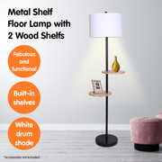 Sarantino Metal Floor Lamp Shade with Black Post in Round Wood Shelves V240-LMP-MLM-626
