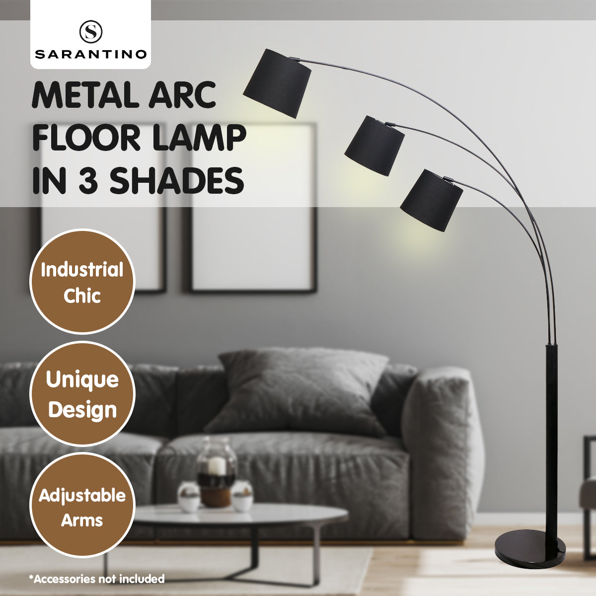 Sarantino 3-Light Arc Floor Lamp Adjustable Black 3 Shades V240-LMP-MLM-738