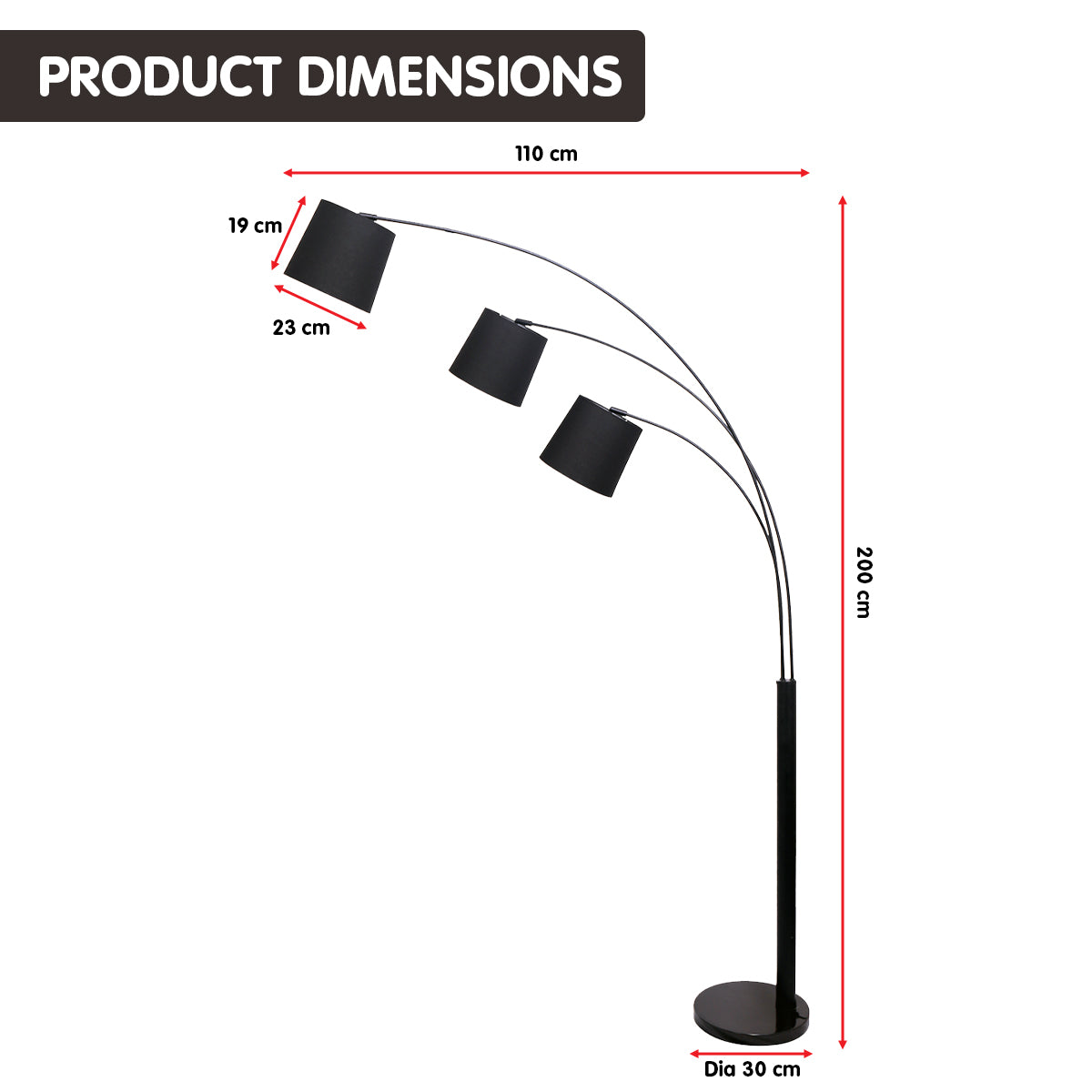 Sarantino 3-Light Arc Floor Lamp Adjustable Black 3 Shades V240-LMP-MLM-738