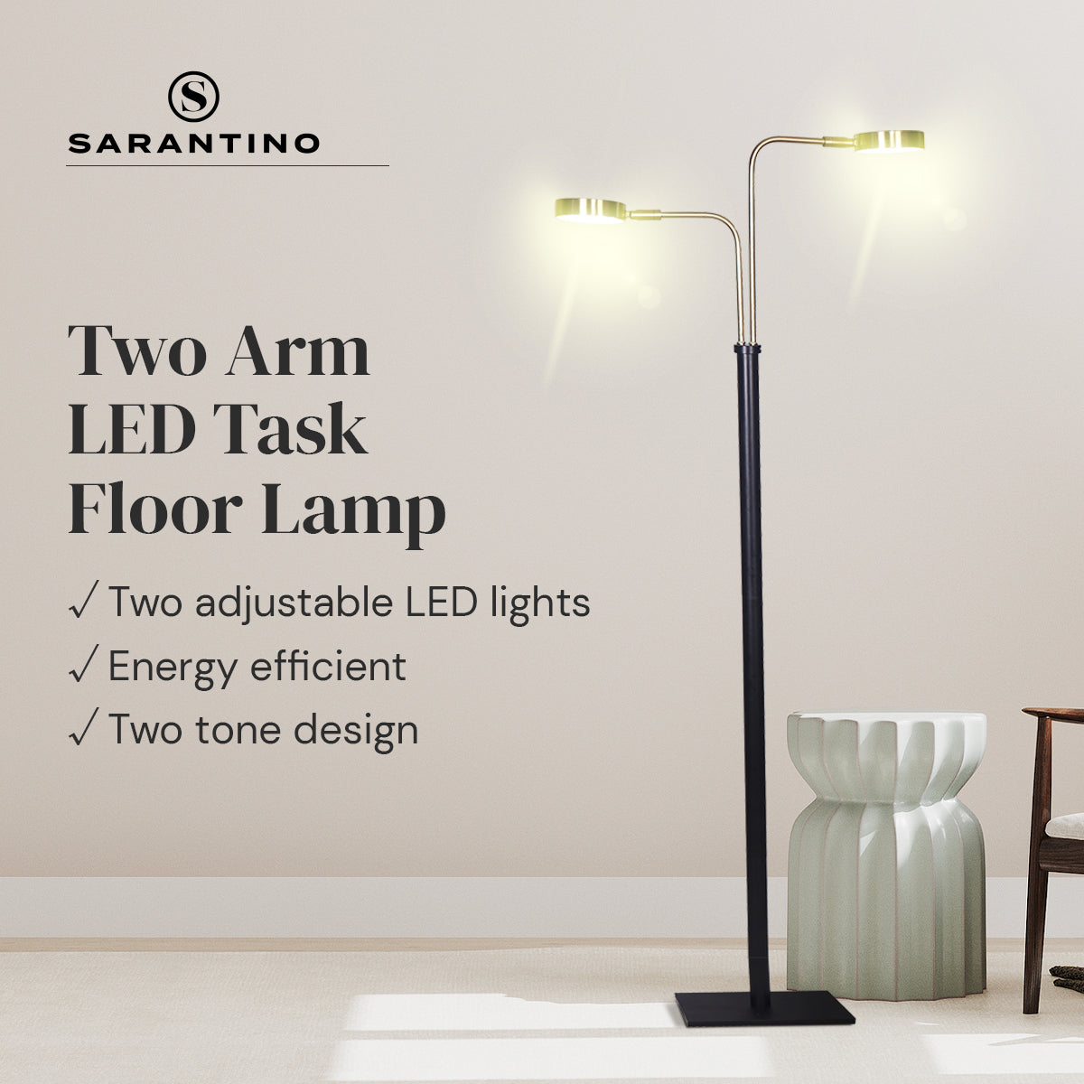 Sarantino LED Metal Floor Lamp with 2 Lights in Brushed Gold and Black Finish V240-LMP-MLM-ML82618