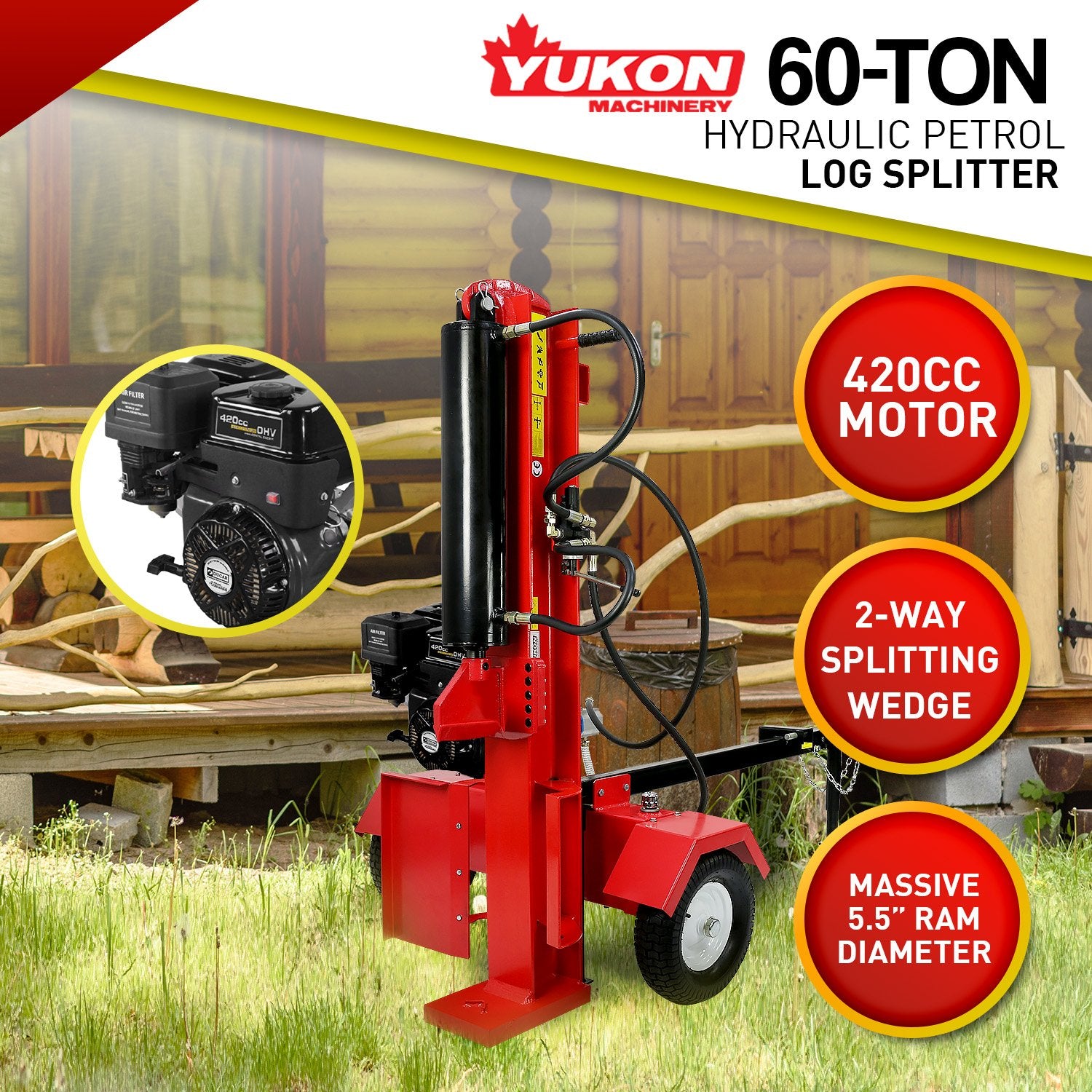 Yukon 60 Ton 420cc Hydraulic Log Splitter Petrol Engine Wood Firewood Cutter V240-LOG-PTR-060