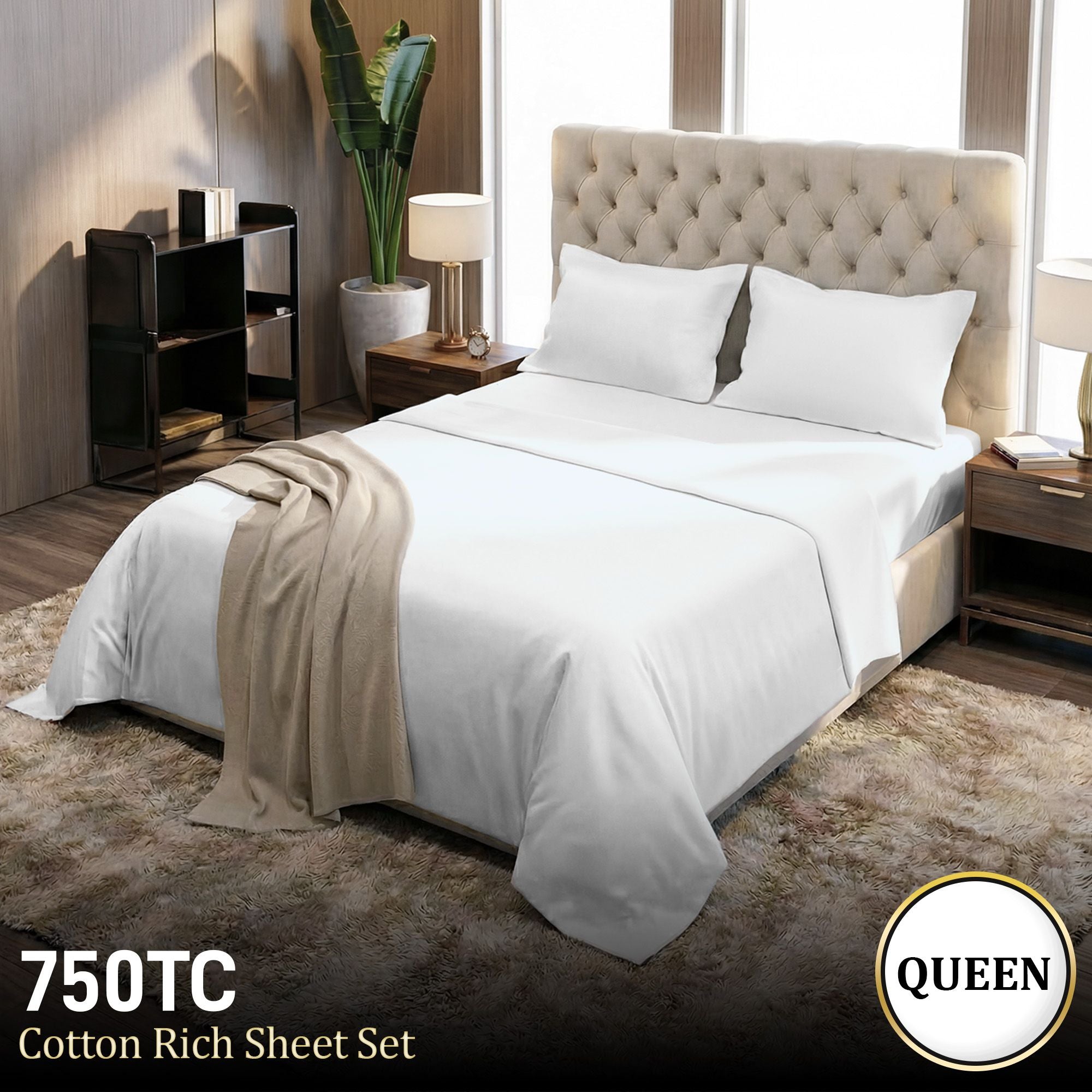 Laura Hill 750 Thread Count Pure Cotton Queen Bed Sheet Set 4 Piece Gift Pack - White V240-MAN-75TC-QN-WH