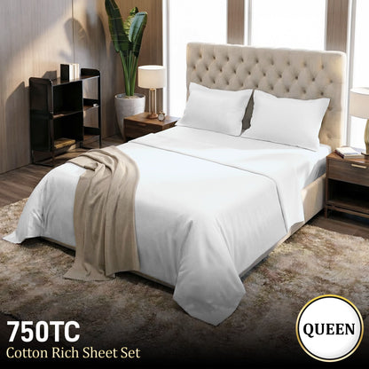 Laura Hill 750 Thread Count Pure Cotton Queen Bed Sheet Set 4 Piece Gift Pack - White V240-MAN-75TC-QN-WH