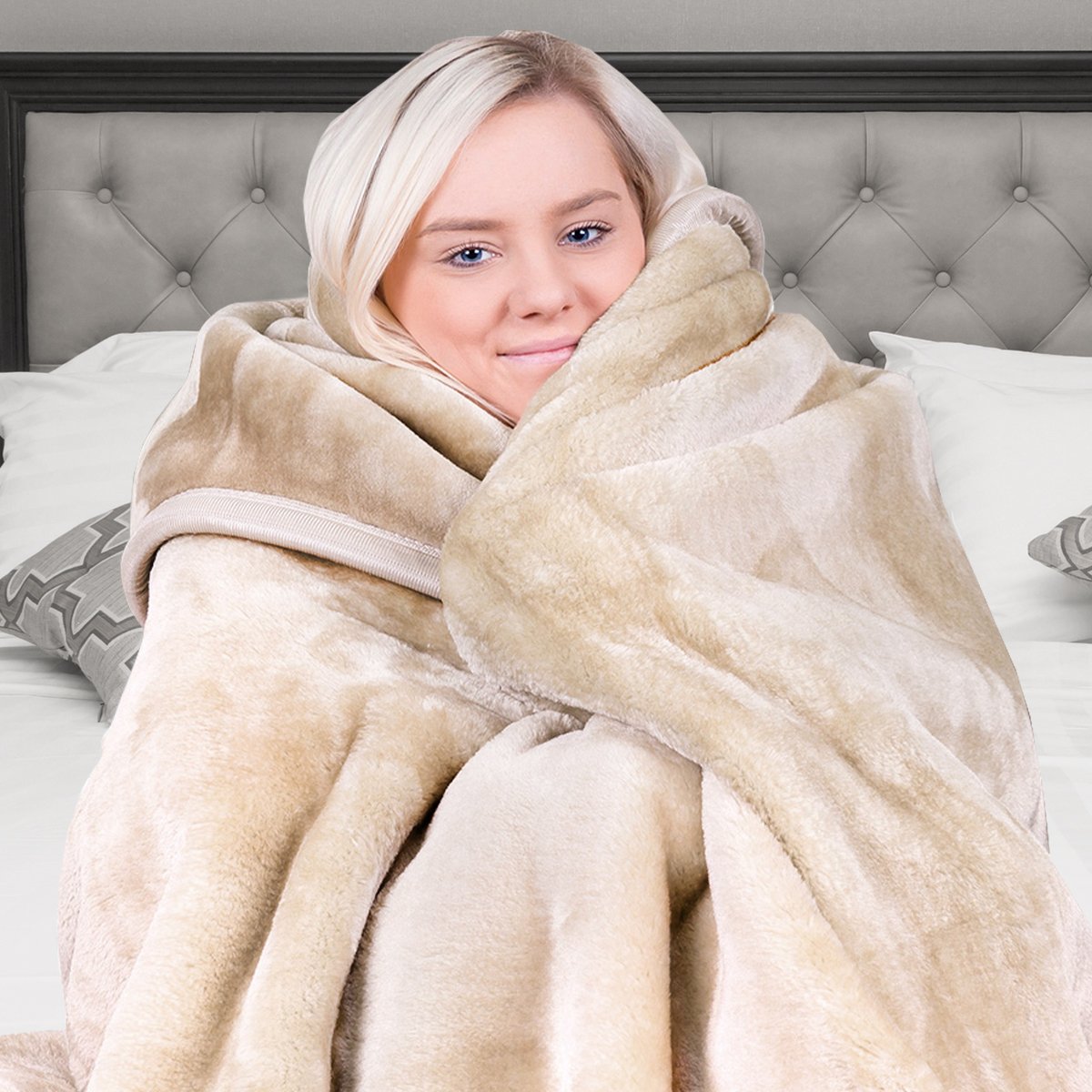 Laura Hill Mink Blanket Double Sided 600GSM Queen Size Beige V240-MINK-BE