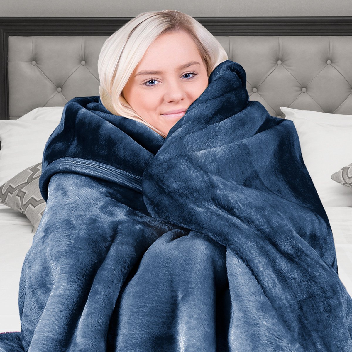 Laura Hill 600gsm Faux Mink Blanket Queen Size Double-sided Throw Rug Large Super Luxurious Soft - Blue V240-MINK-NY