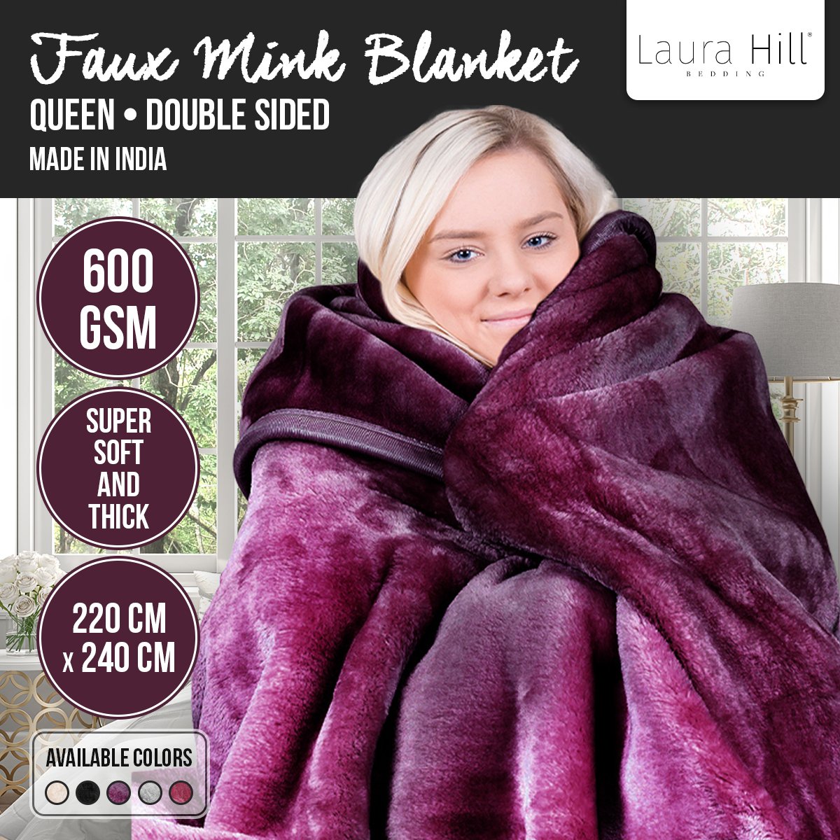 Laura Hill Mink Blanket Throw Purple Double Sided Queen Size Soft Plush Bed Faux Rug V240-MINK-PU