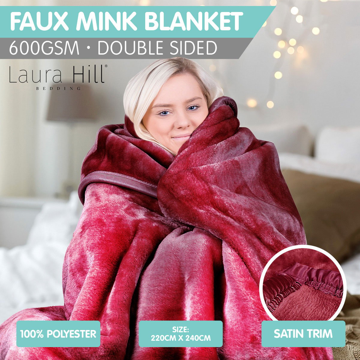Laura Hill Mink Blanket Double Sided Queen Size Soft Plush Bed Faux Throw Rug 220 X 240cm V240-MINK-WRD