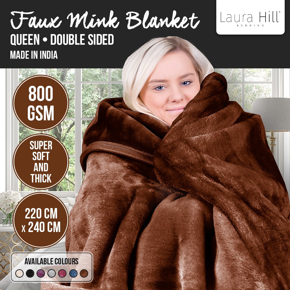 Laura Hill Faux Mink Blanket 800GSM Heavy Double-Sided - Chocolate V240-MNKHV-CH