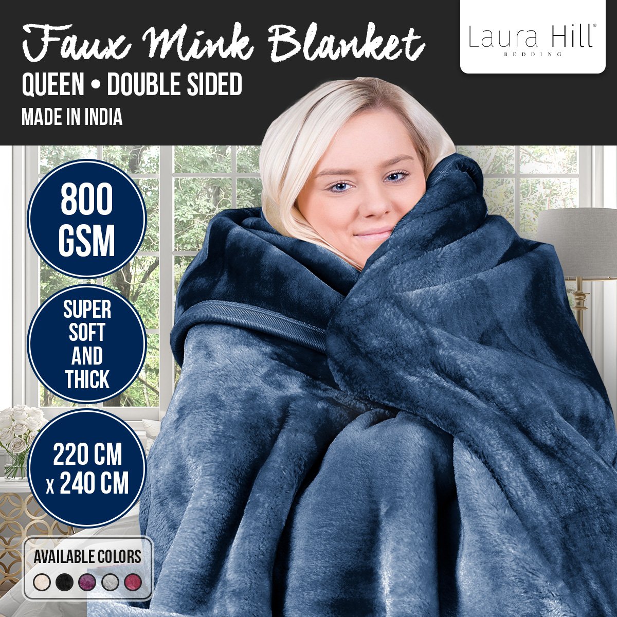 Laura Hill 800-gsm Faux Mink Throw Rug Blanket Queen Size Double-sided Large 220 X 240cm Heavy - Blue V240-MNKHV-NY