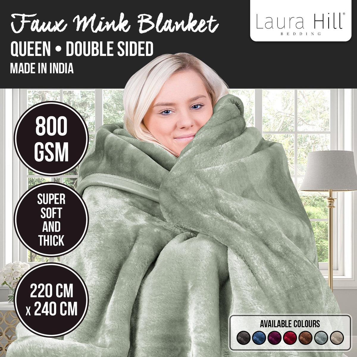 Laura Hill 800-GSM Mink Blanket Queen Size Double-Sided Soft Plush Bed Faux Throw Rug 220 X 240cm Heavy Sage V240-MNKHV-SG