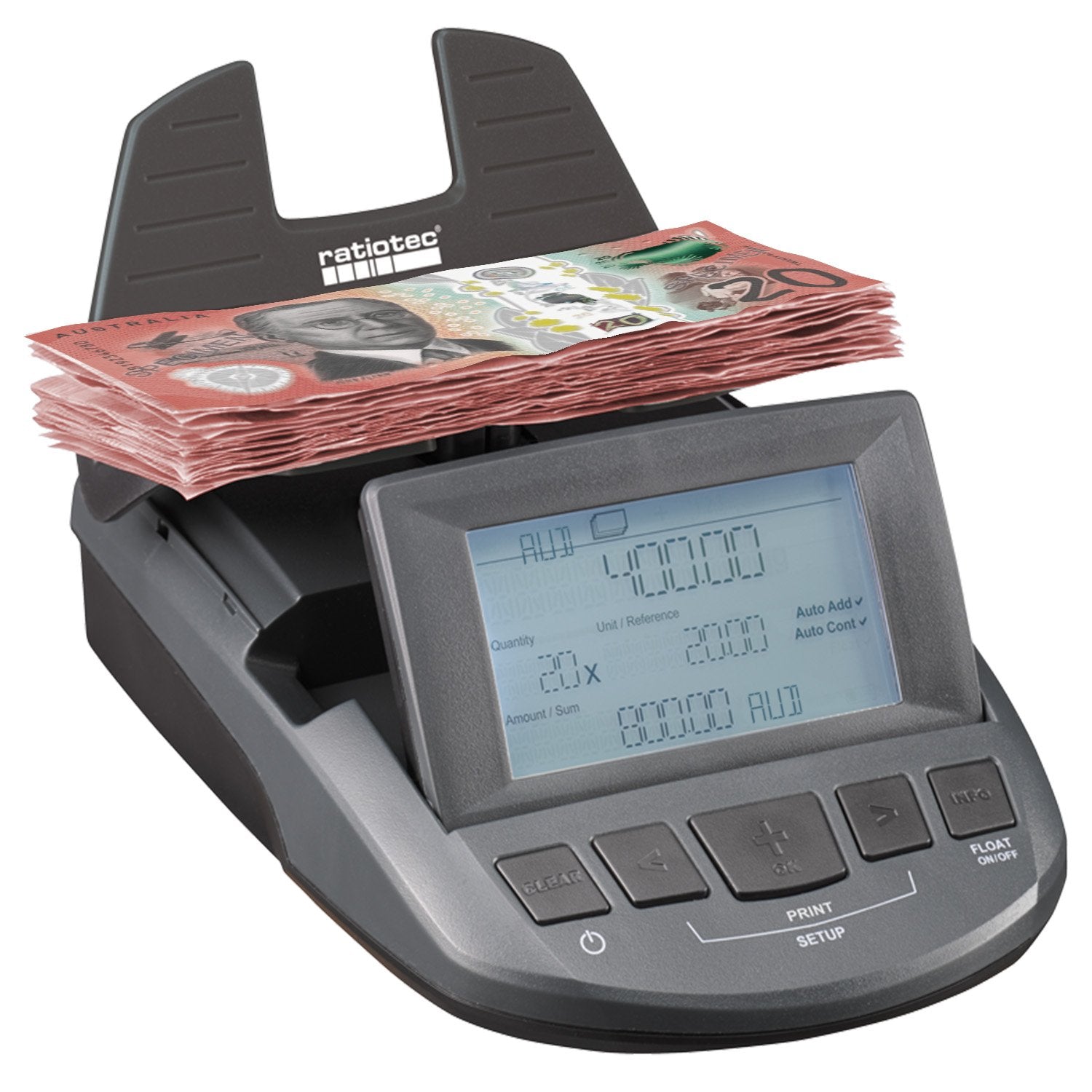 Ratiotec Digital Coin Note Money Counter Currency Scales Australian Notes Portable - Made In Germany V240-MONE-RS1000