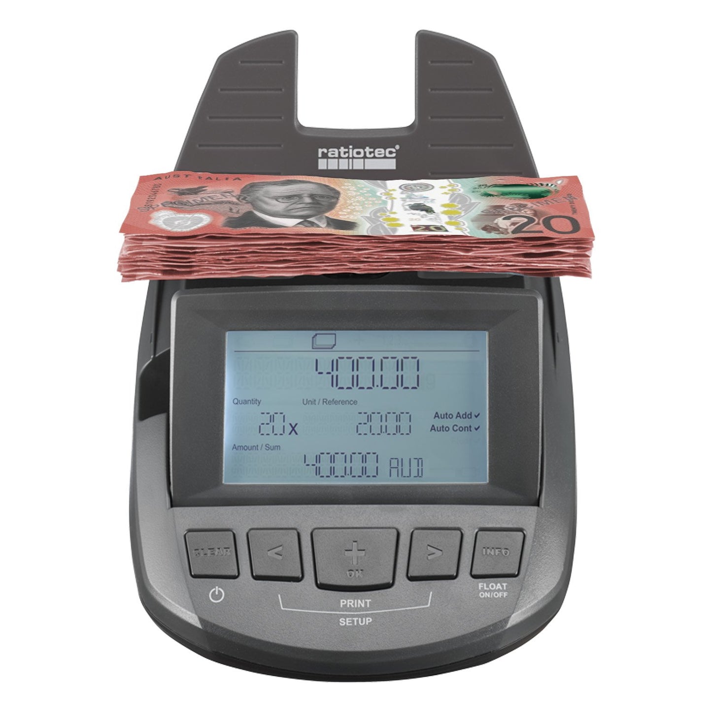 Ratiotec Digital Coin Note Money Counter Currency Scales Australian Notes Portable - Made In Germany V240-MONE-RS1000
