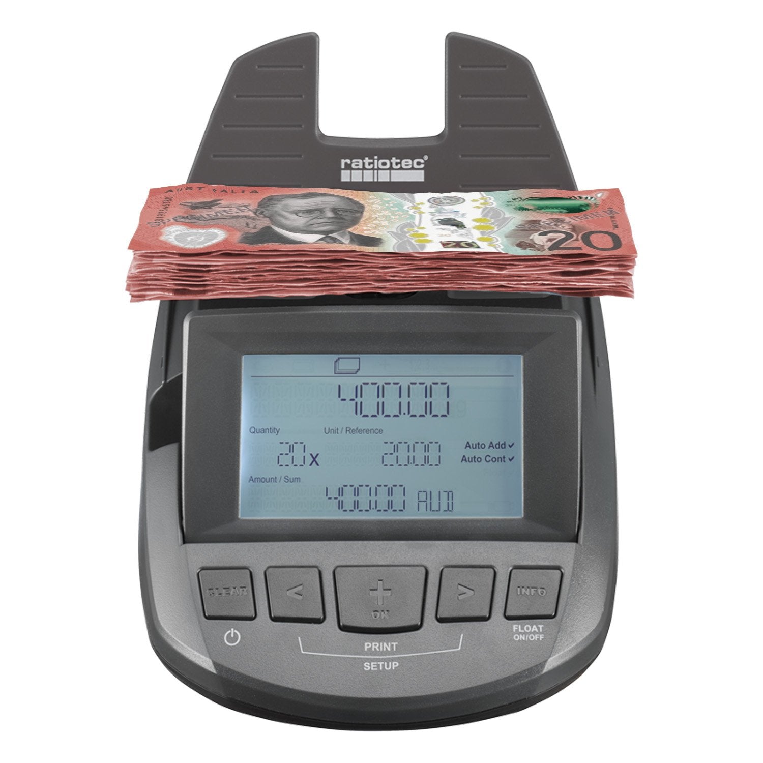 Ratiotec Digital Coin Note Money Counter Currency Scales Australian Notes Portable - Made In Germany V240-MONE-RS1000