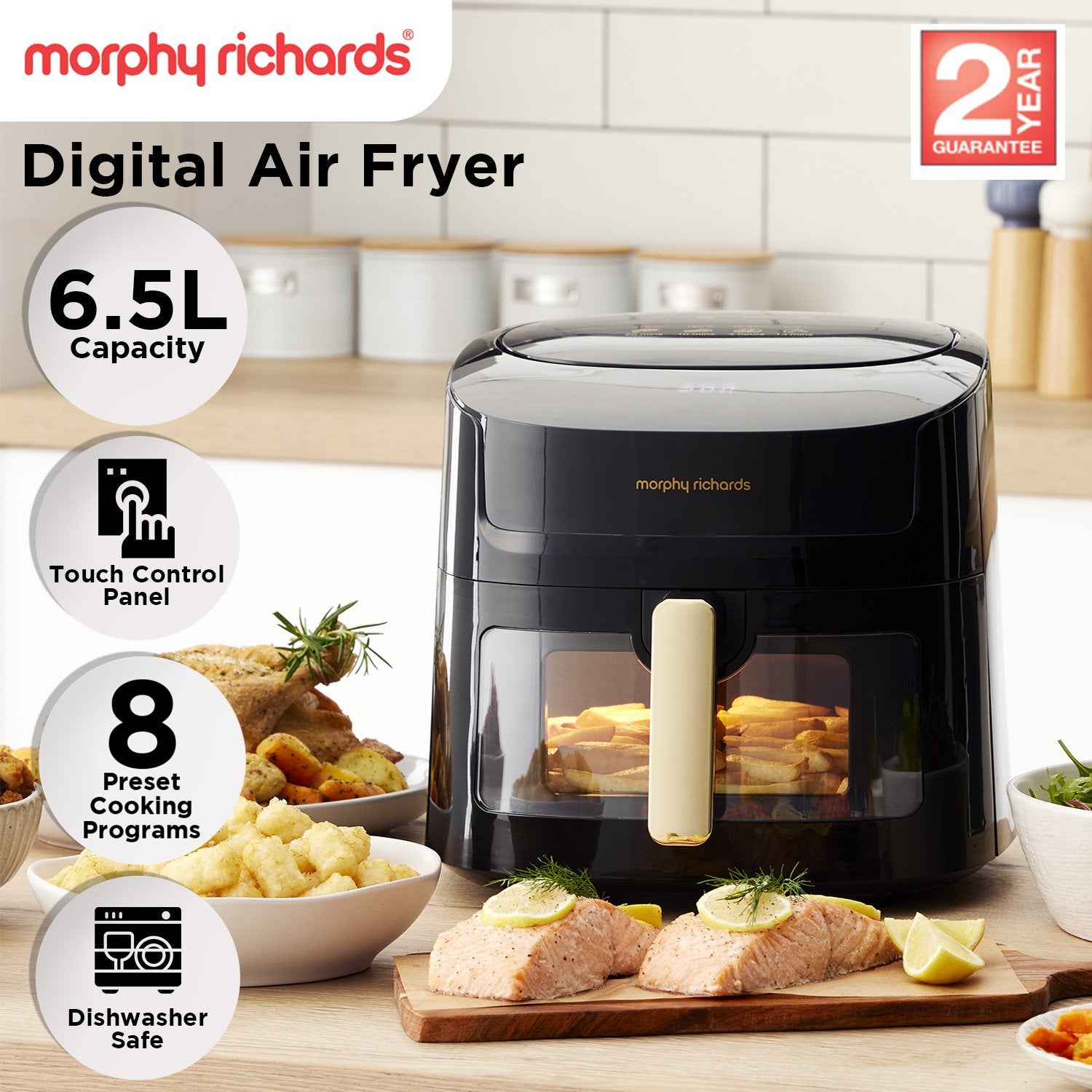 Morphy Richards 6.5L Digital Air Fryer MRAF72BK w/LED Touch Control Panel 8 Preset Cooking Programs Non Stick V240-MRAF72BK