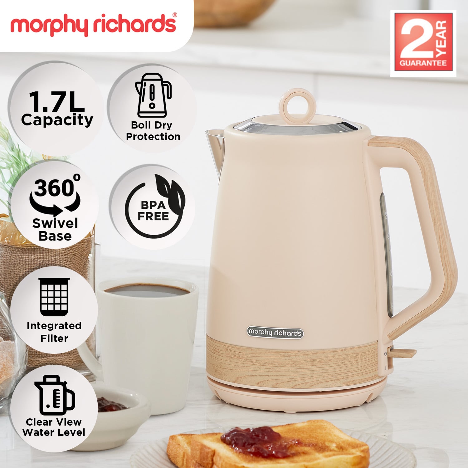 Morphy Richards 1.7L Electric Kettle Essence Scandi Swivel Base Boil-Dry Protection V240-MRESK17TA